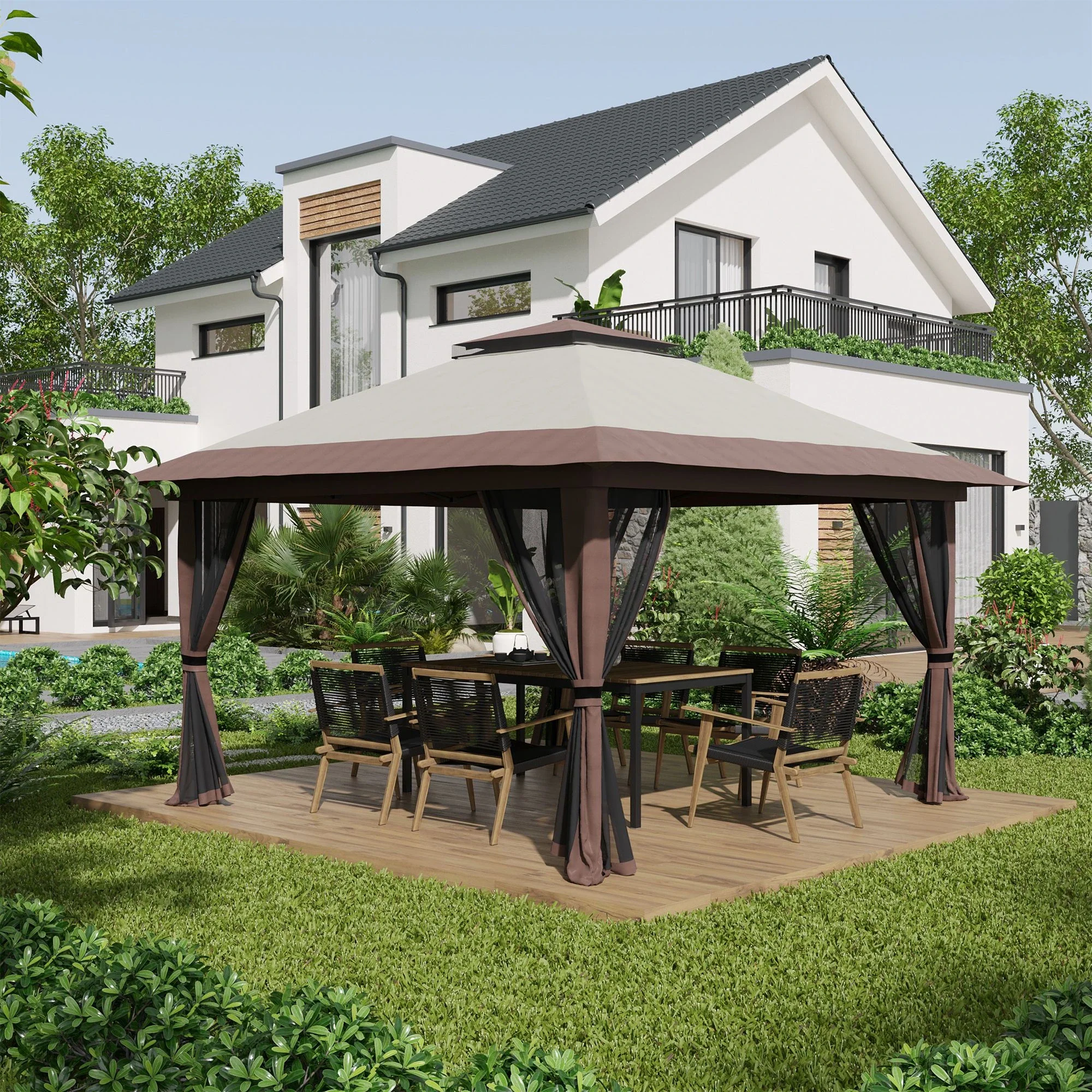 13' x 13' Pop Up Canopy, 2-Tier Roof Tent with Net, Beige - Image 2