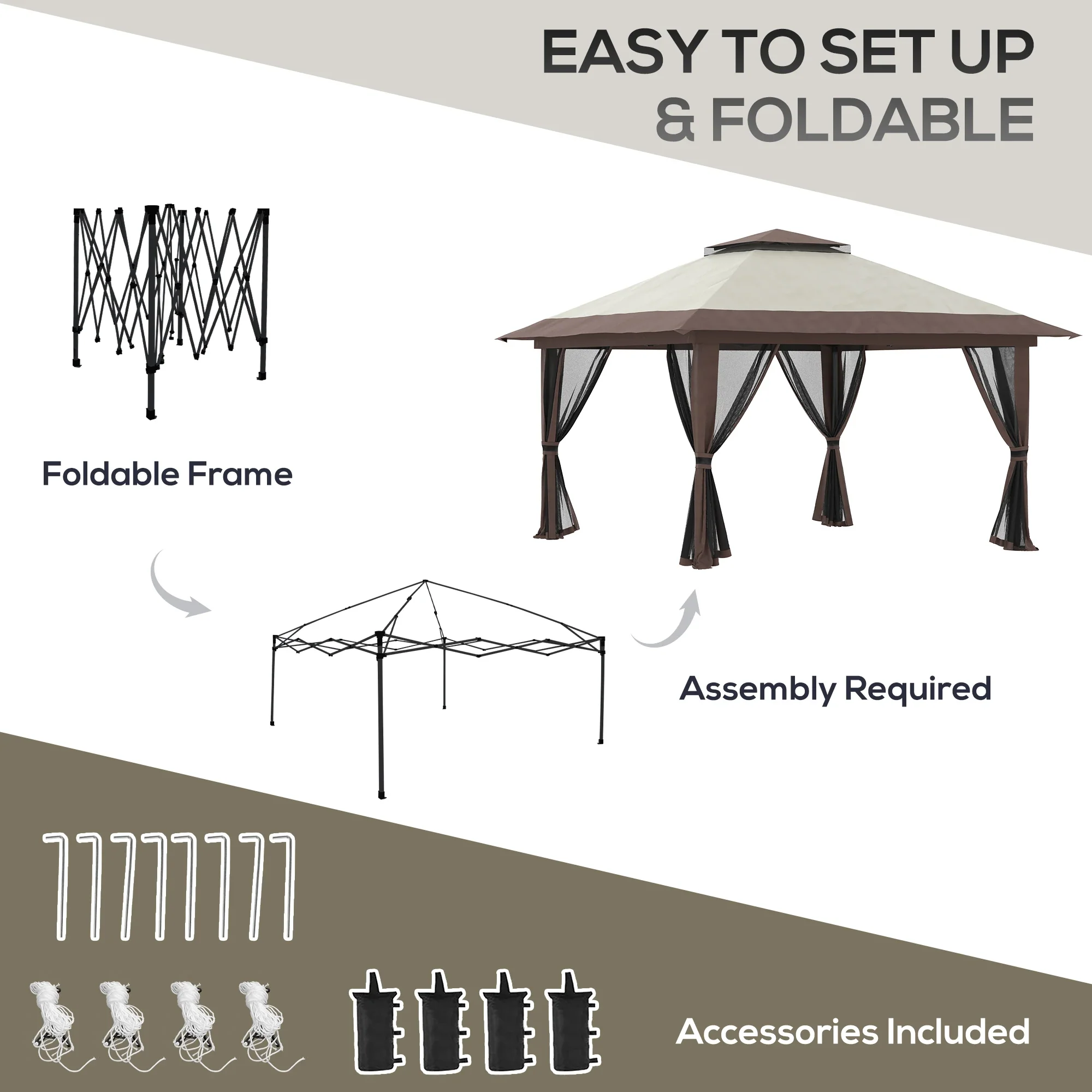 13' x 13' Pop Up Canopy, 2-Tier Roof Tent with Net, Beige - Image 5
