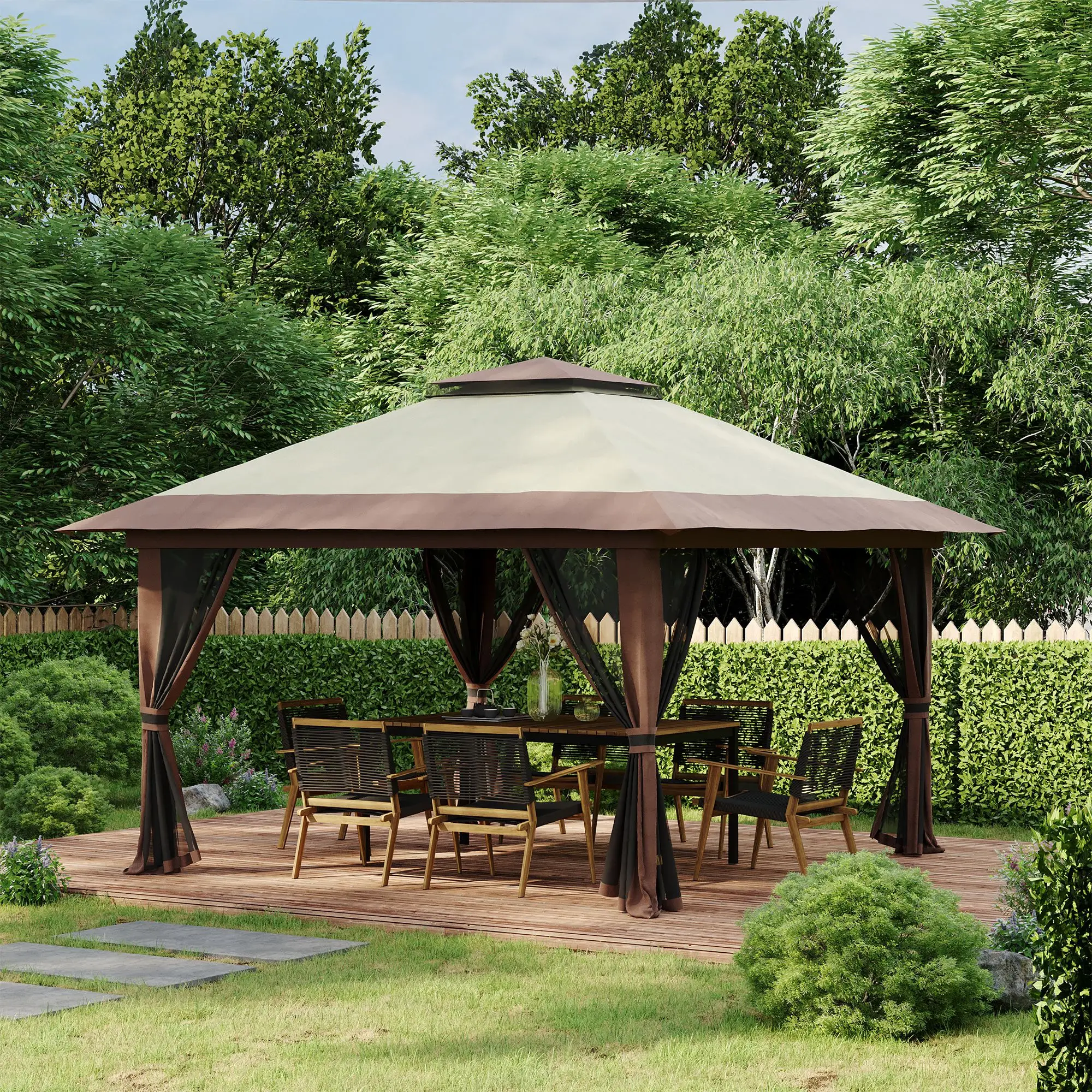 13' x 13' Pop Up Canopy, 2-Tier Roof Tent with Net, Beige - Image 8