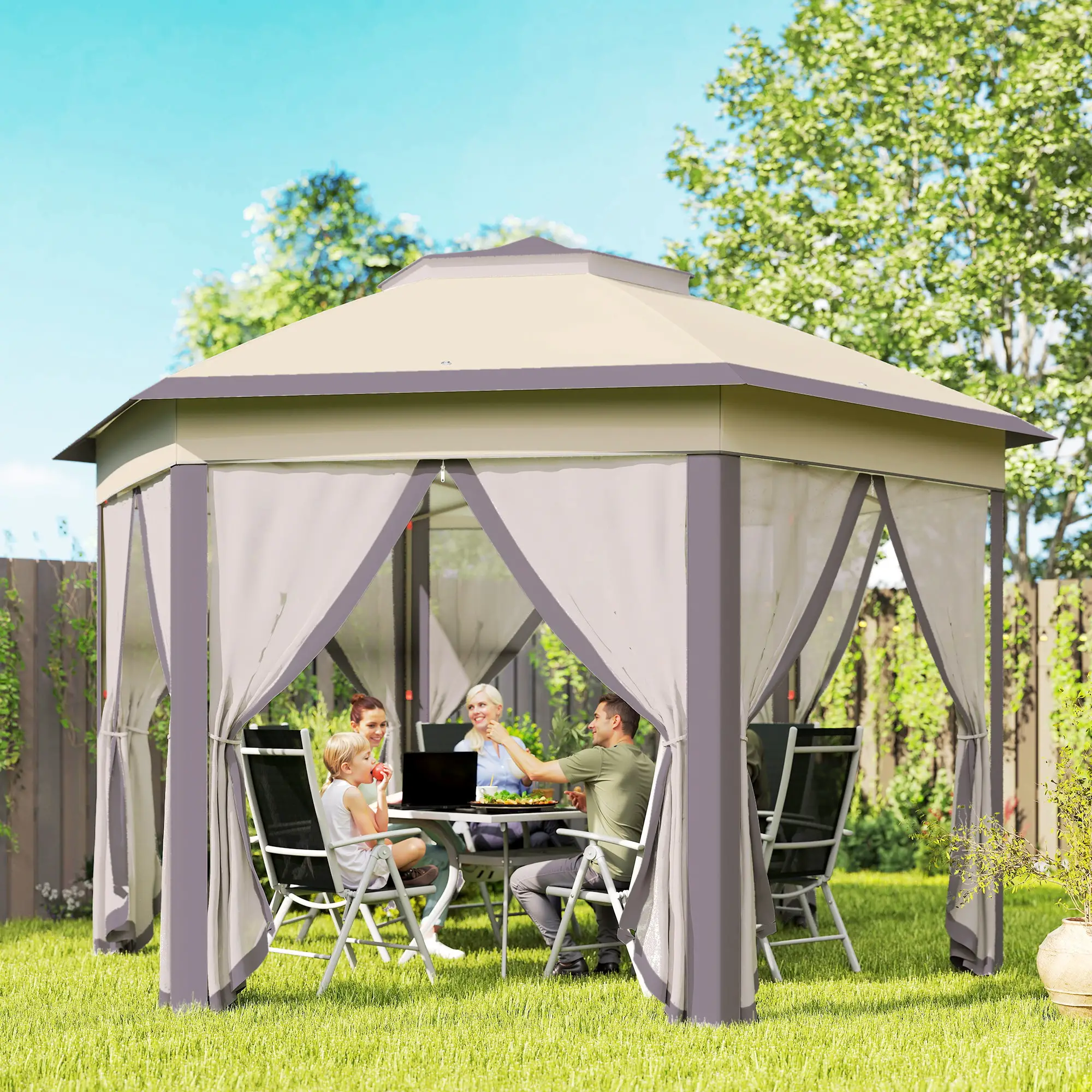13' x 13' Pop Up Canopy Tent, Netting, Carry Bag, Coffee Beige - Image 2