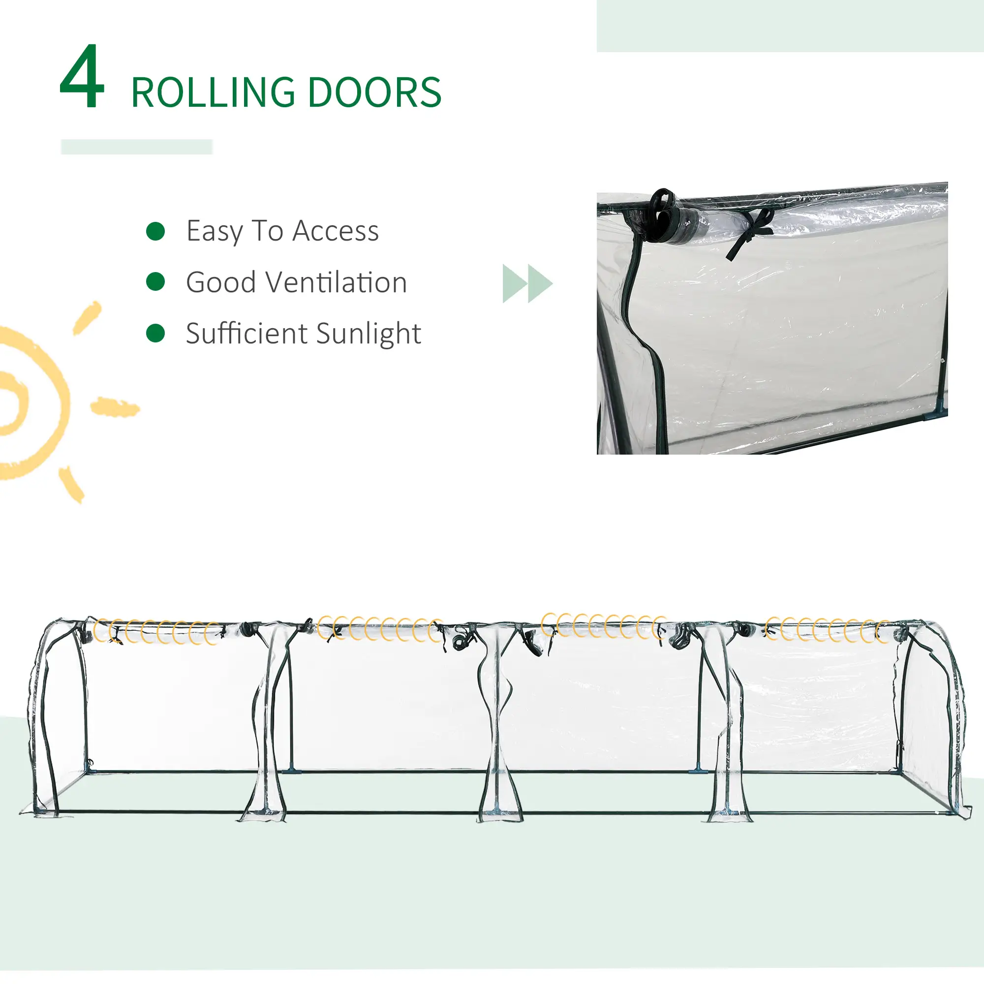13' x 3' x 2.5' Mini Tunnel Greenhouse, 4 Zipped Doors, Clear - Image 4