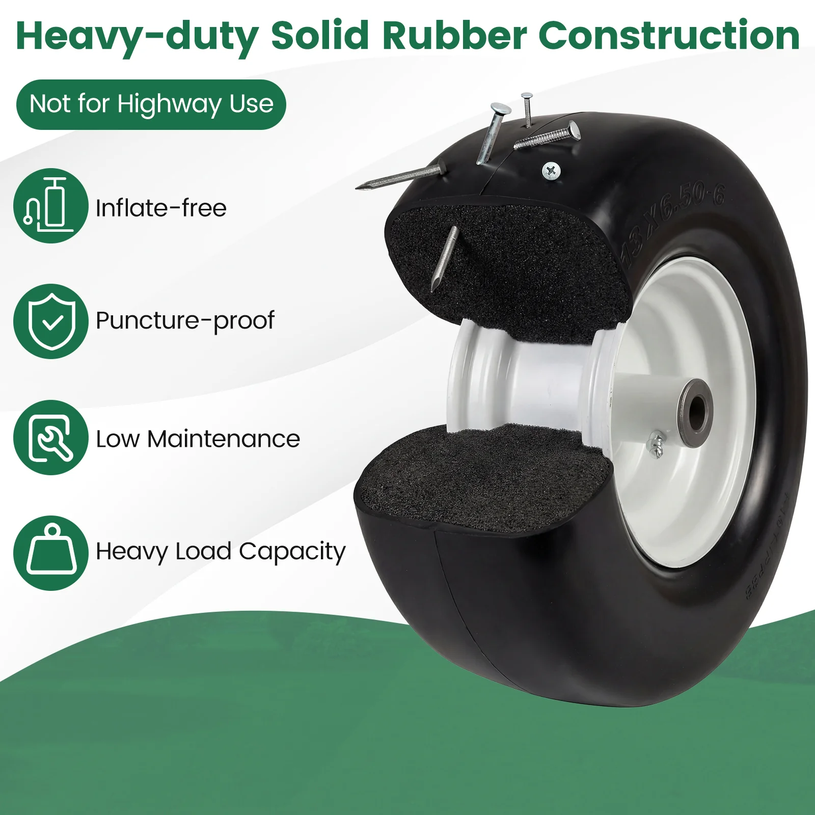 13 x 6.50-6 Flat Free Tires and Wheels 2 Pack Solid Rubber Tires, White - Image 7