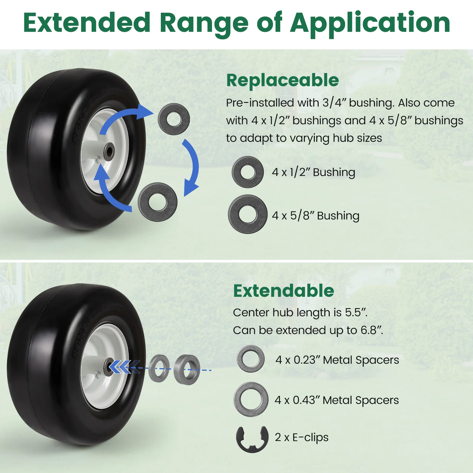 13 x 6.50-6 Flat Free Tires and Wheels 2 Pack Solid Rubber Tires, White - Image 8