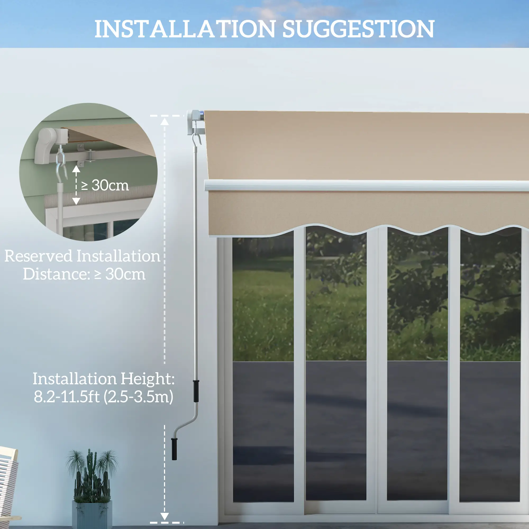 13' x 8' Retractable Patio Awning, Sun Shade Canopy, Aluminum Frame, Khaki - Image 7