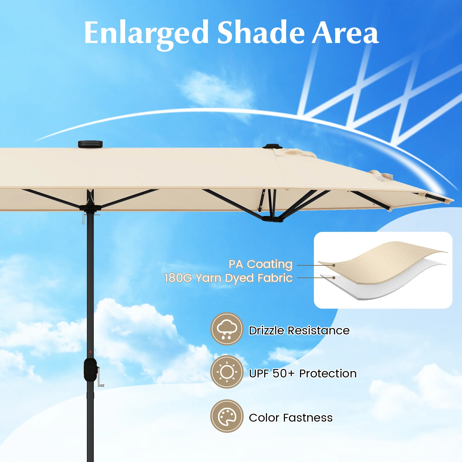 13FT Double-Sided Patio Umbrella With Solar Lights, Beige - Image 7