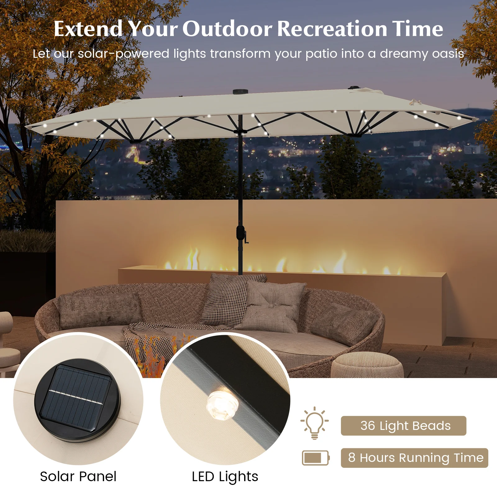 13FT Double-Sided Patio Umbrella With Solar Lights, Beige - Image 8