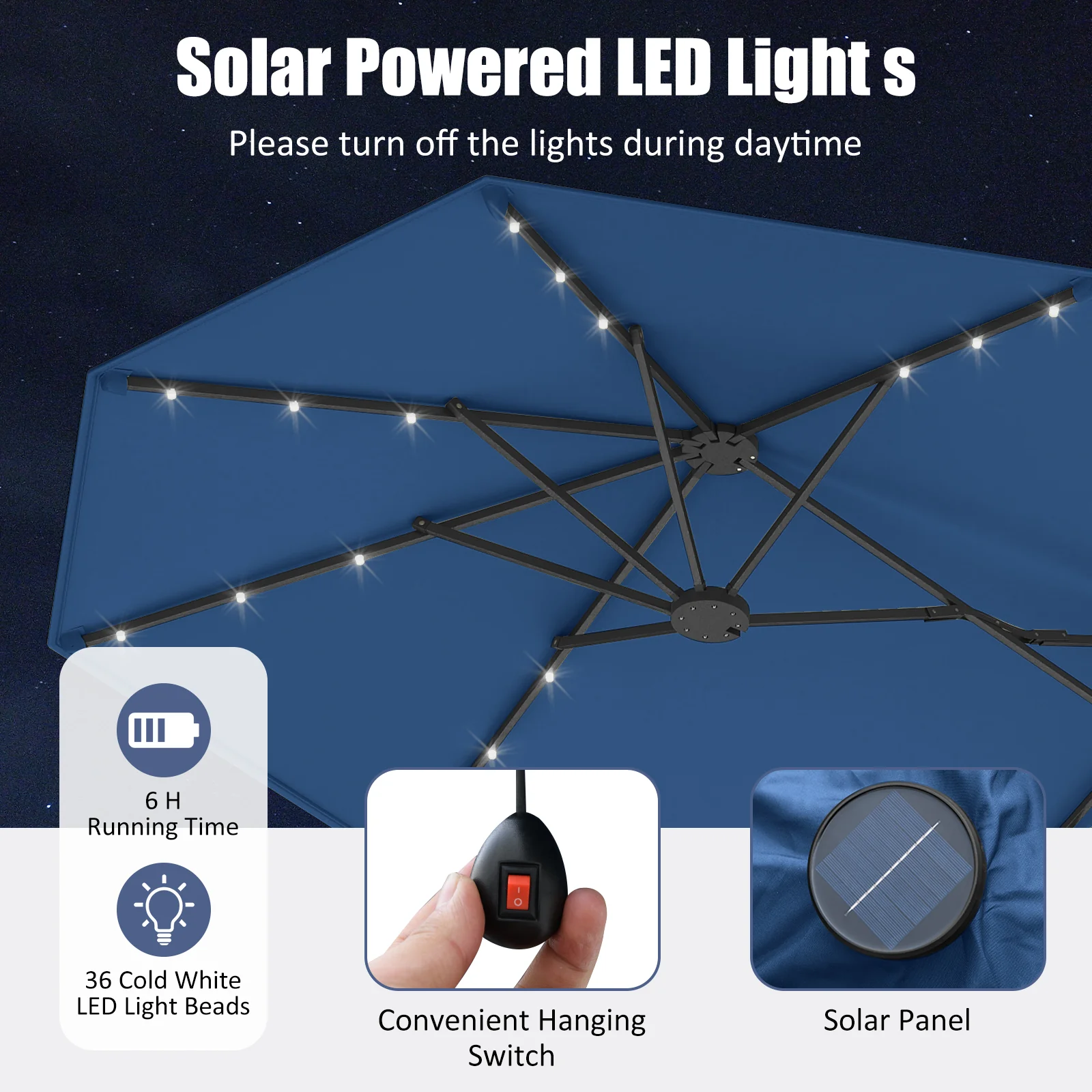 13FT Double-Sided Patio Umbrella With Solar Lights, Navy - Image 8