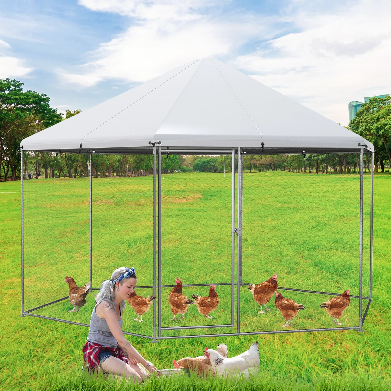 13FT Large Metal Hexagonal Chicken Coop, Wire Mesh, Lockable Door, Silver - Image 3
