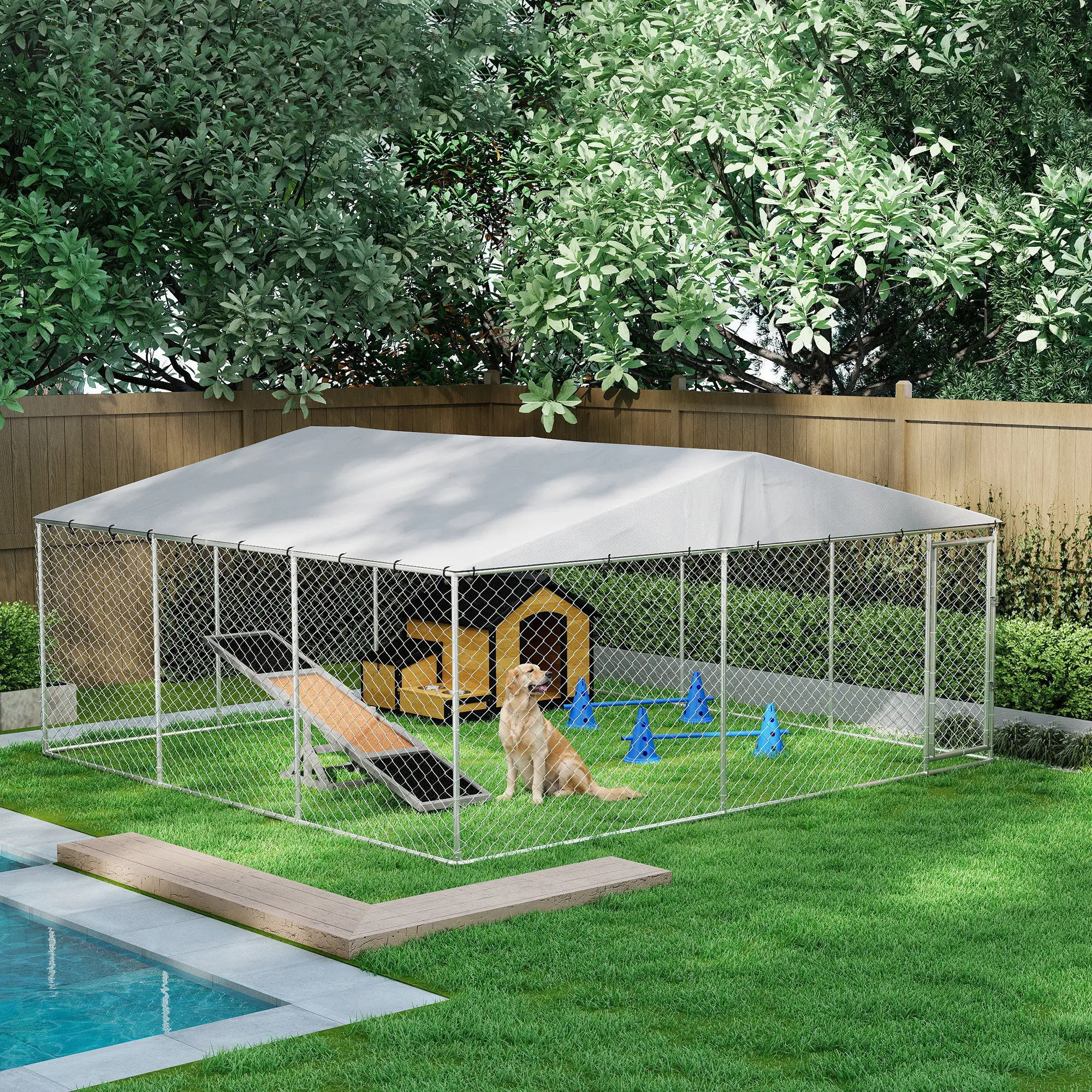 14.8' x 14.8' x 7.1' Dog Kennel, Outdoor, Waterproof Cover, Silver - Image 8