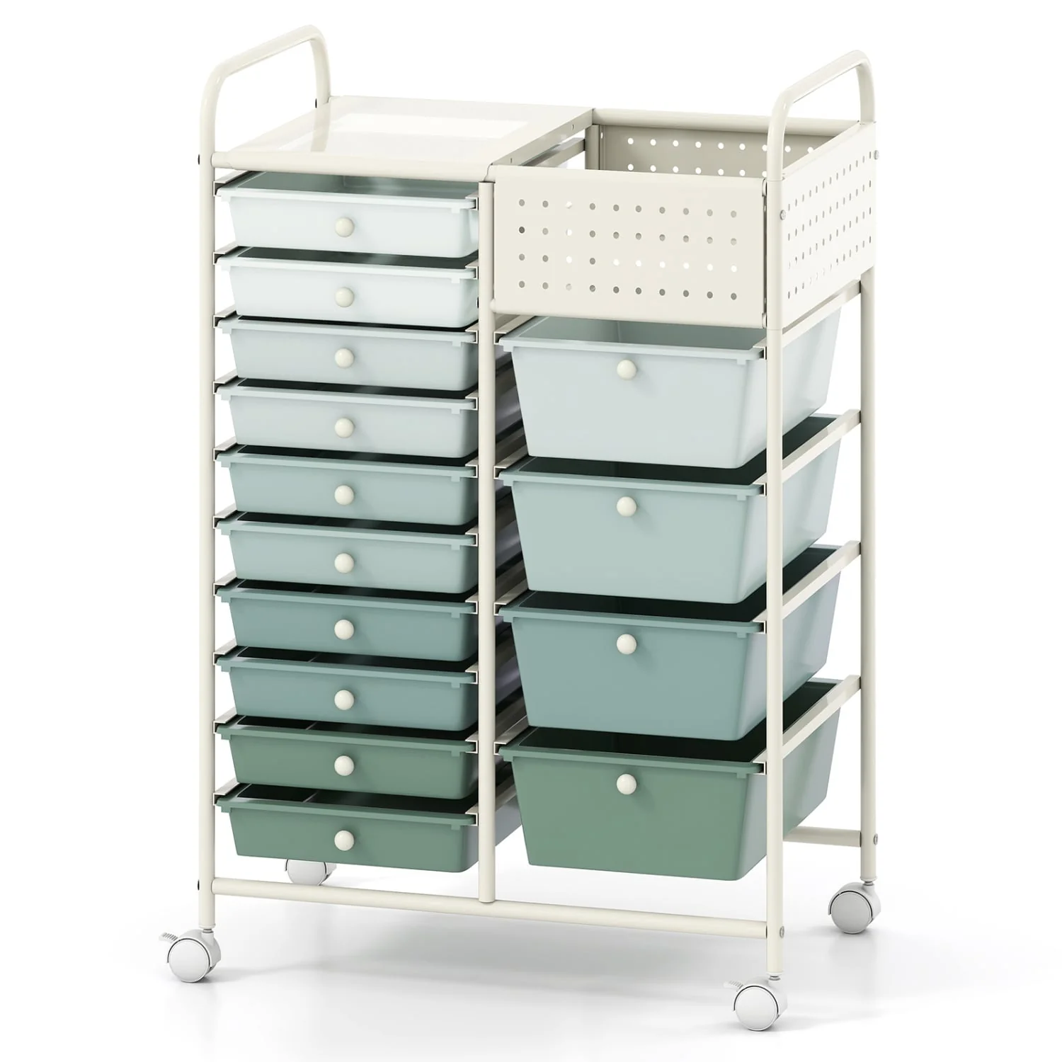 14-Drawer Rolling Storage Cart, Metal Tabletop, Pegboard, Green