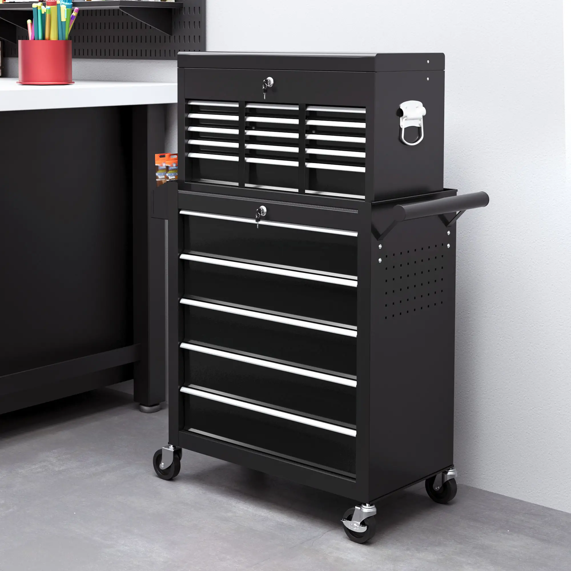14 Drawer Rolling Tool Chest, Lockable Storage Cabinet, Detachable Toolbox, Black - Image 8