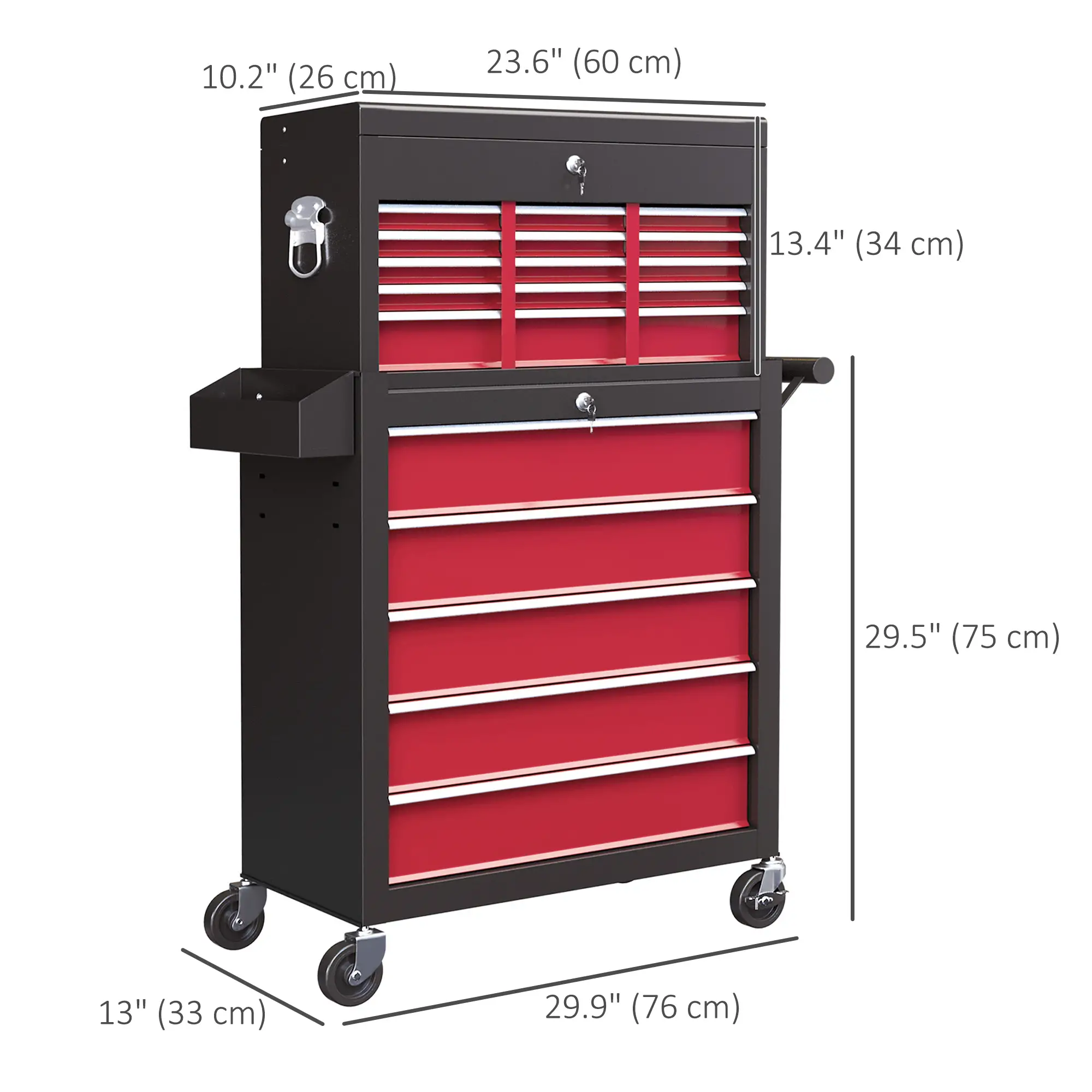 14 Drawer Rolling Tool Chest, Lockable Storage Cabinet, Detachable Top Toolbox, Red - Image 3