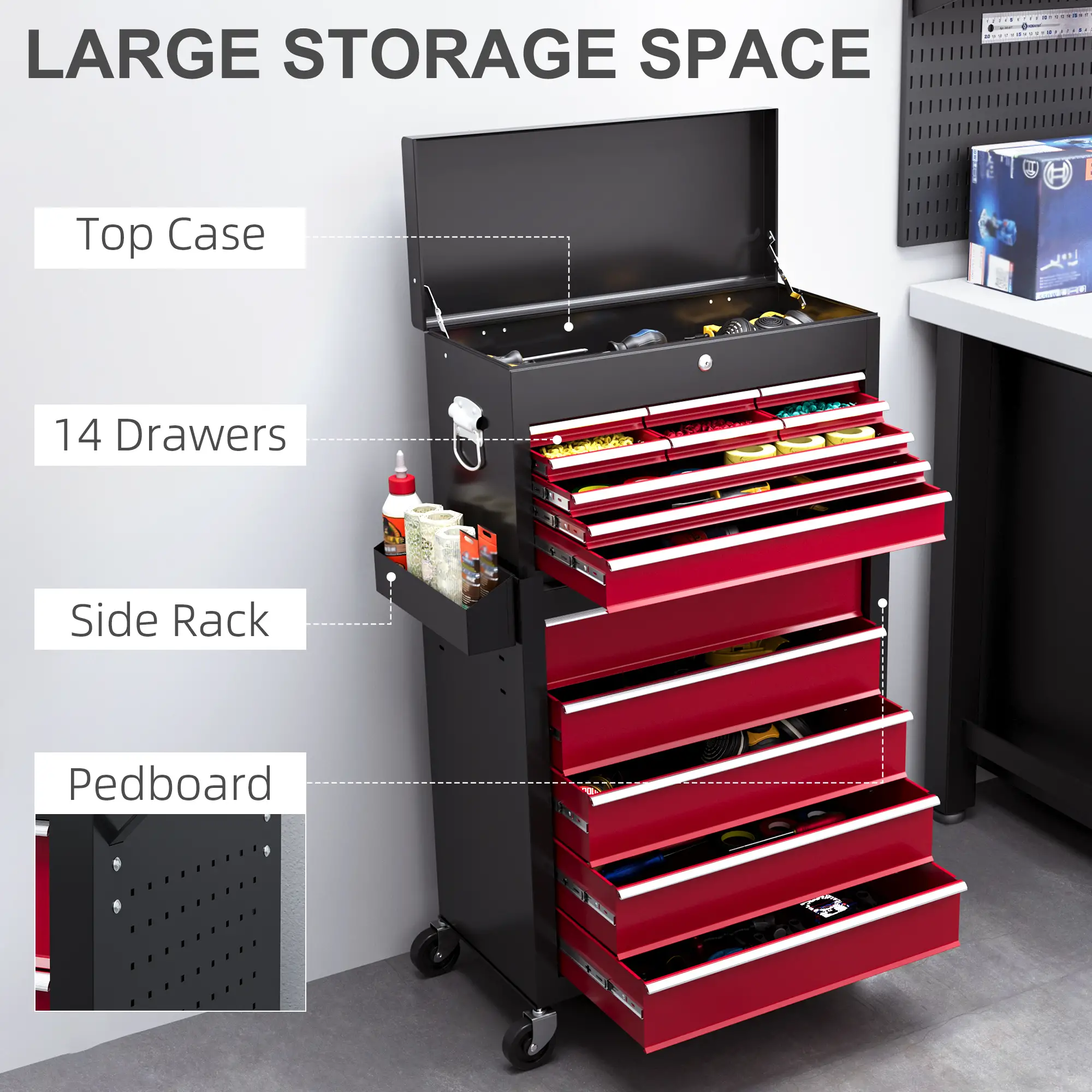 14 Drawer Rolling Tool Chest, Lockable Storage Cabinet, Detachable Top Toolbox, Red - Image 4