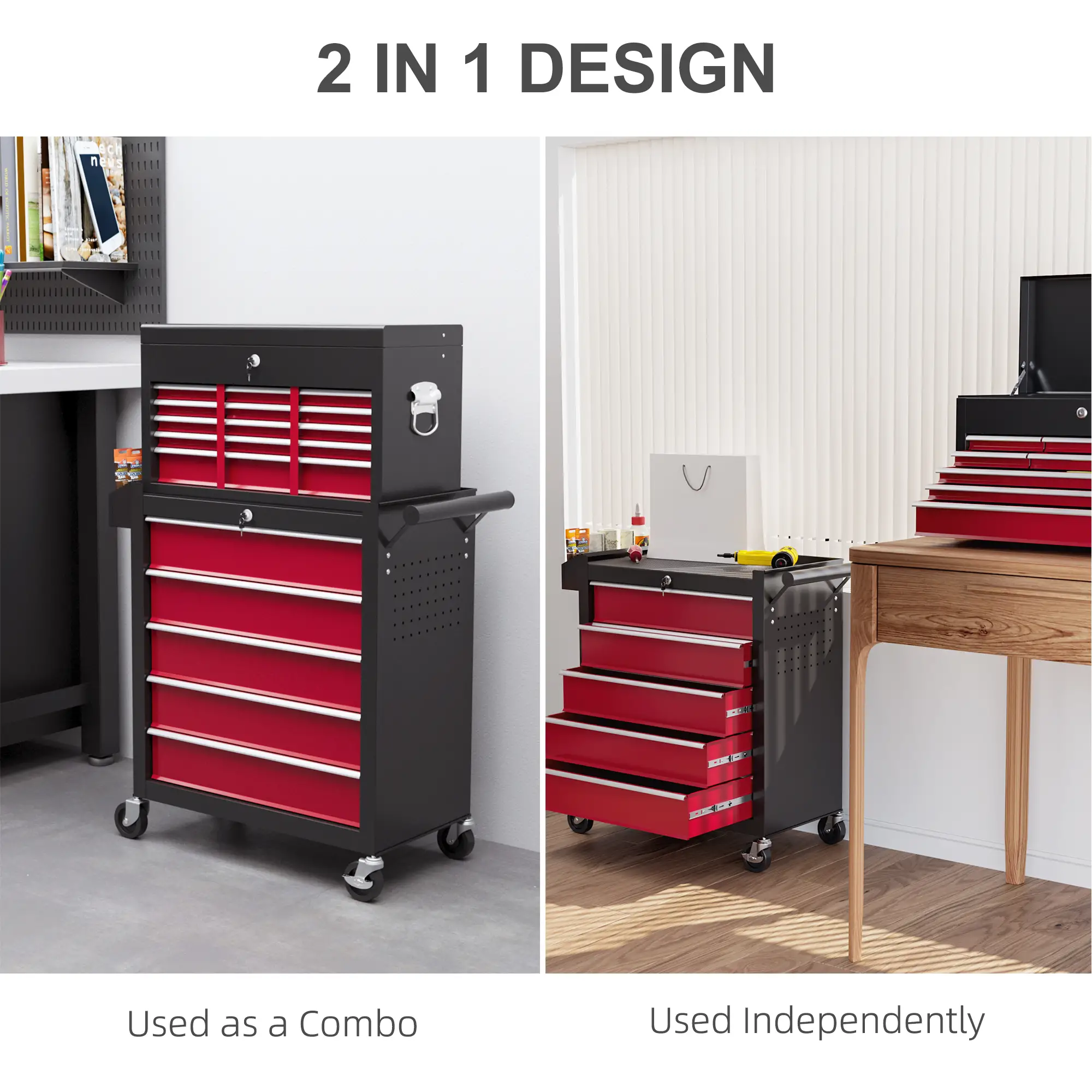 14 Drawer Rolling Tool Chest, Lockable Storage Cabinet, Detachable Top Toolbox, Red - Image 5