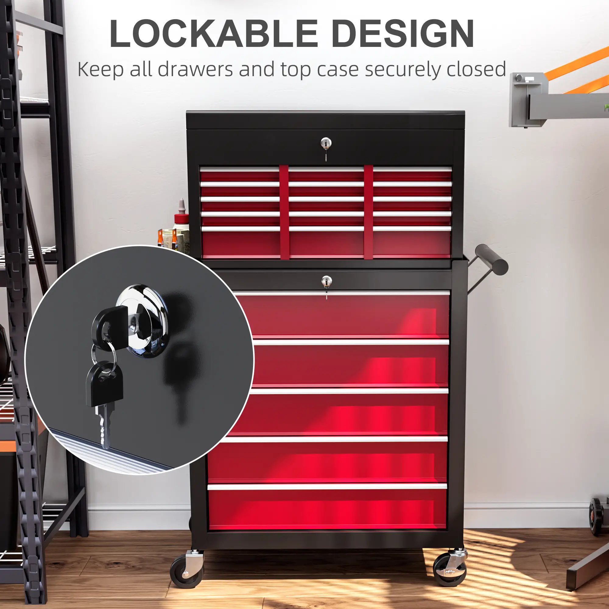 14 Drawer Rolling Tool Chest, Lockable Storage Cabinet, Detachable Top Toolbox, Red - Image 6