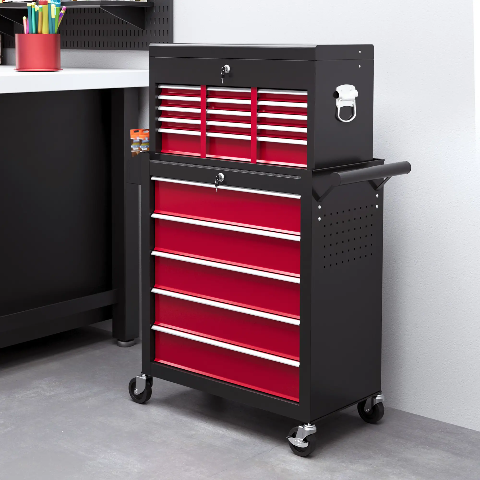 14 Drawer Rolling Tool Chest, Lockable Storage Cabinet, Detachable Top Toolbox, Red - Image 8