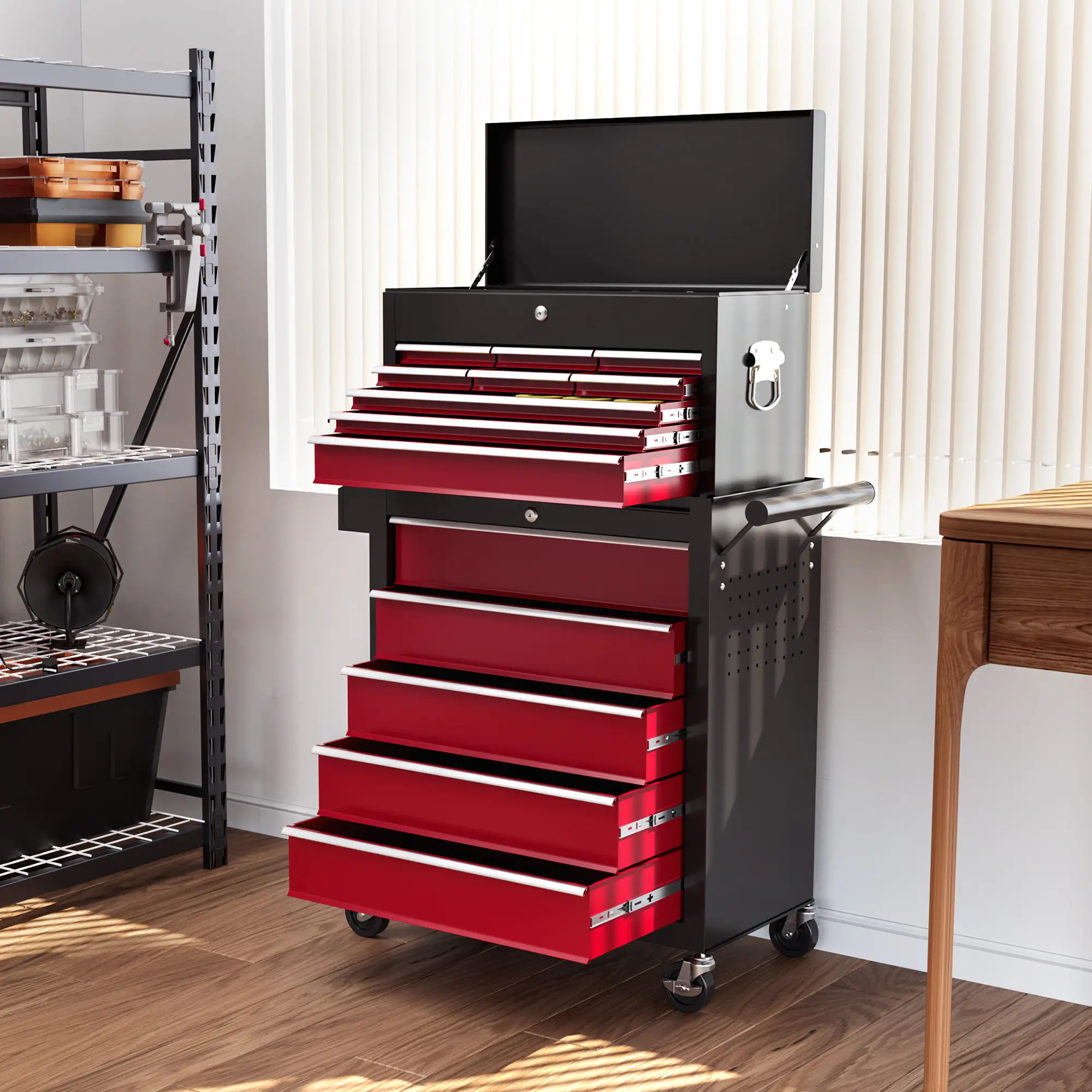 14 Drawer Rolling Tool Chest, Lockable Storage Cabinet, Detachable Top Toolbox, Red - Image 9
