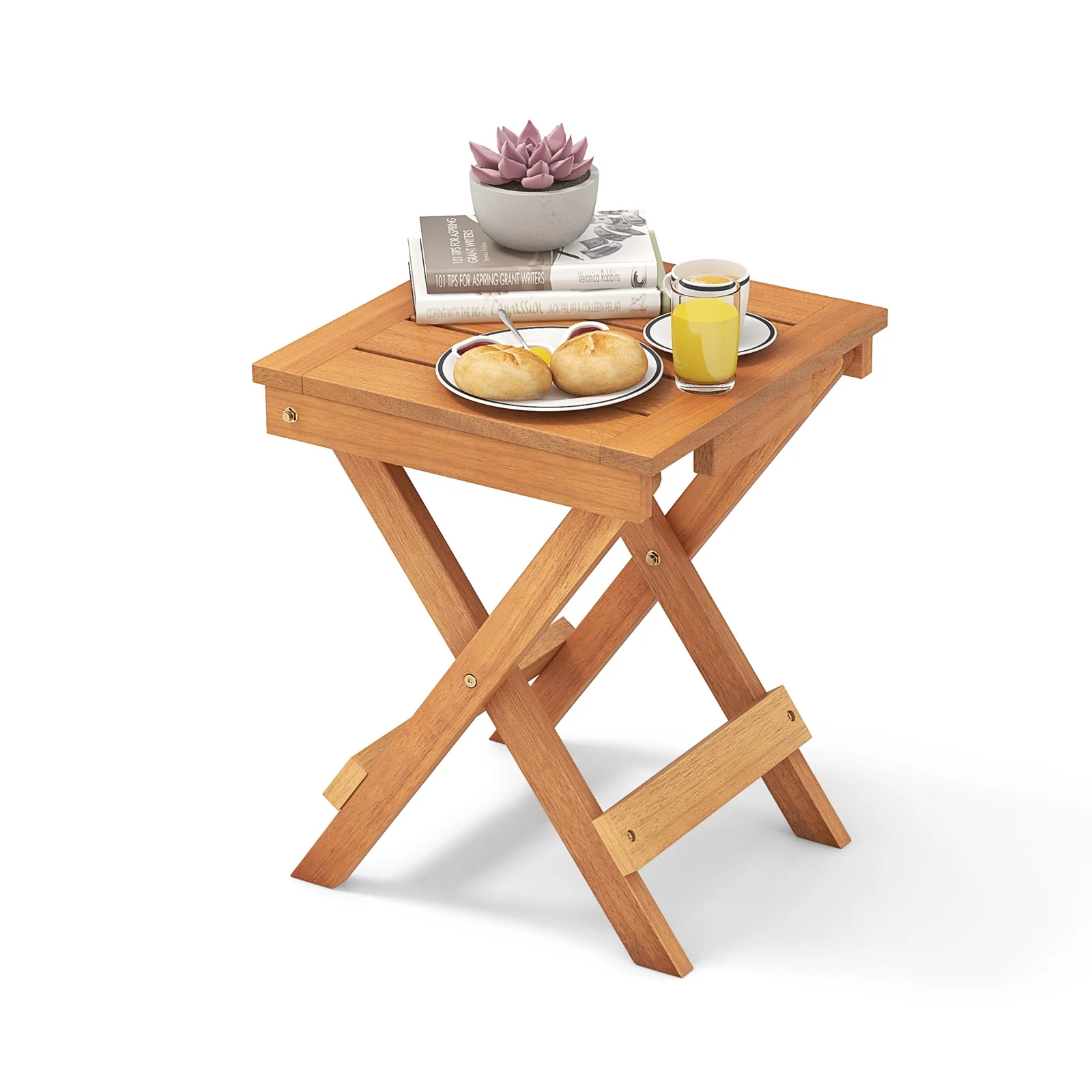 14 Inch Compact Folding Side Table, Slatted Tabletop, Natural