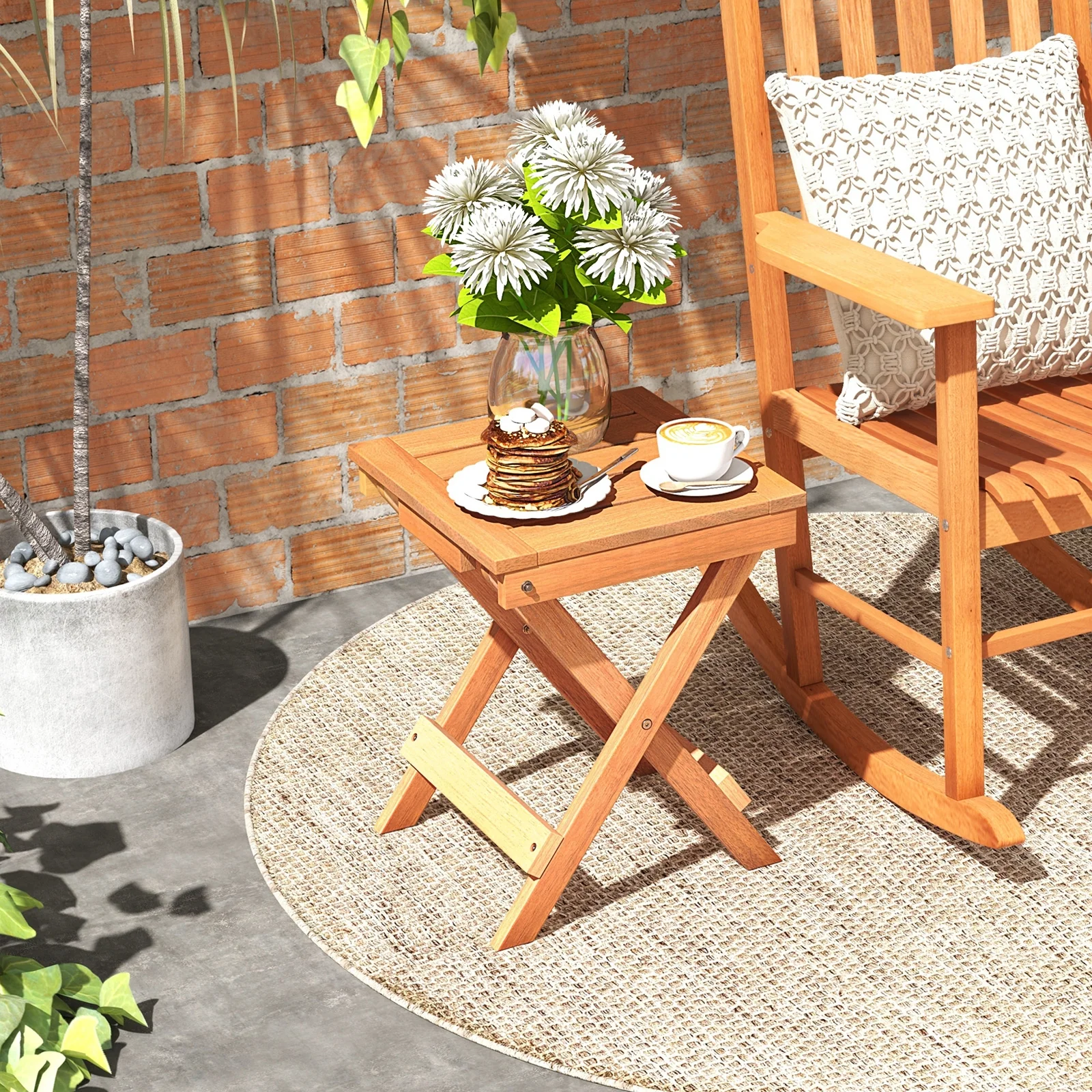 14 Inch Compact Folding Side Table, Slatted Tabletop, Natural - Image 2