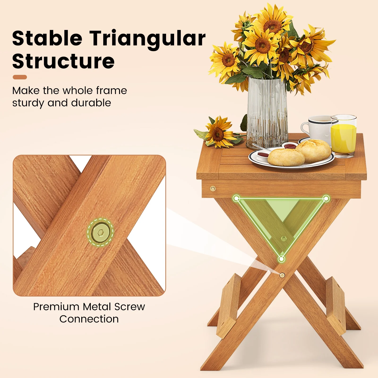 14 Inch Compact Folding Side Table, Slatted Tabletop, Natural - Image 9