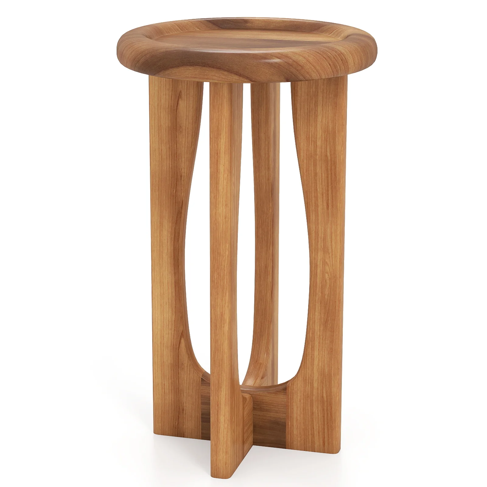 14 Inch Farmhouse End Table with Round Tray Top and Wood Cross Legs, Natural