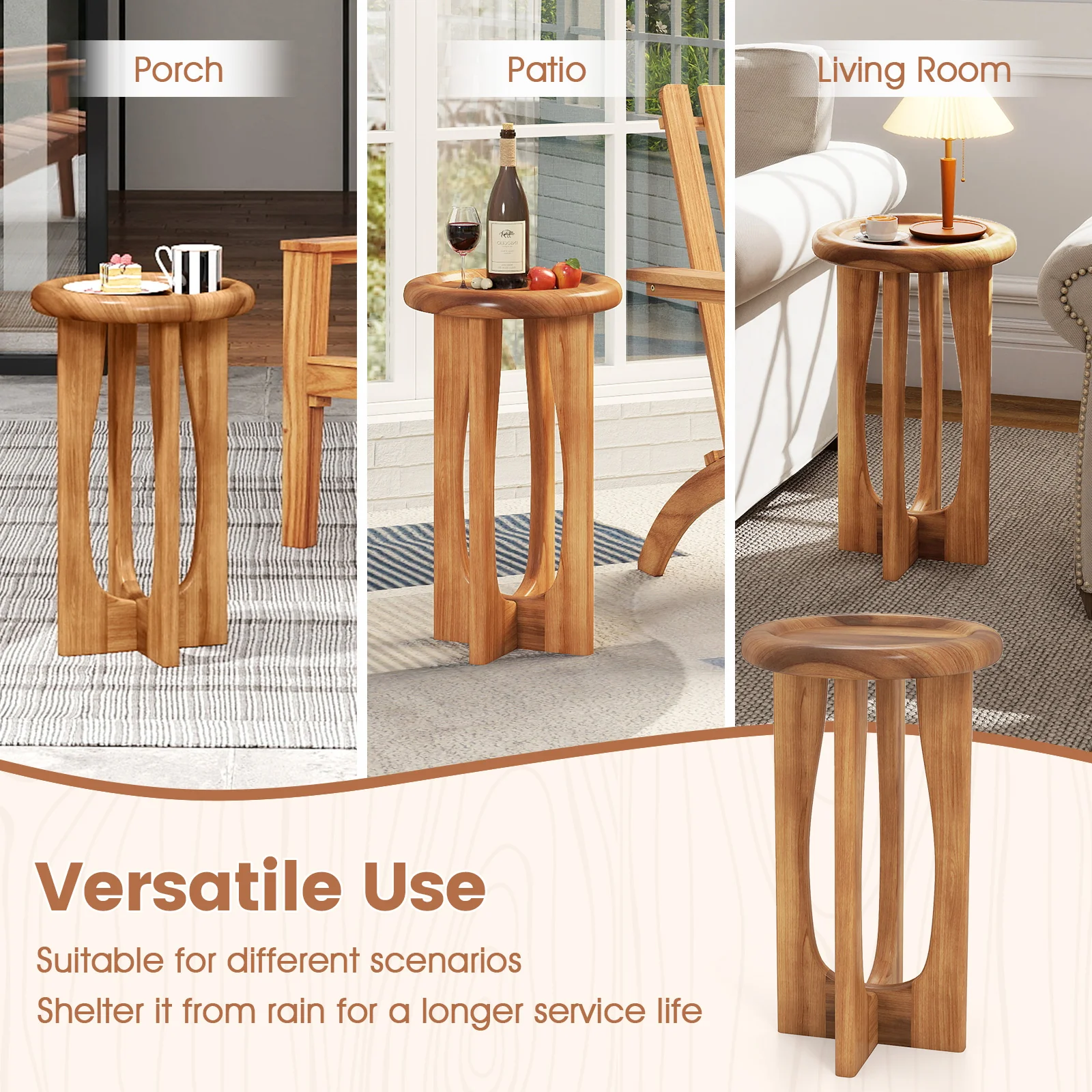 14 Inch Farmhouse End Table with Round Tray Top and Wood Cross Legs, Natural - Image 10