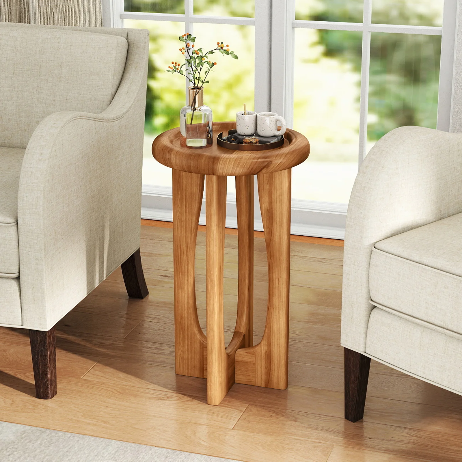 14 Inch Farmhouse End Table with Round Tray Top and Wood Cross Legs, Natural - Image 2