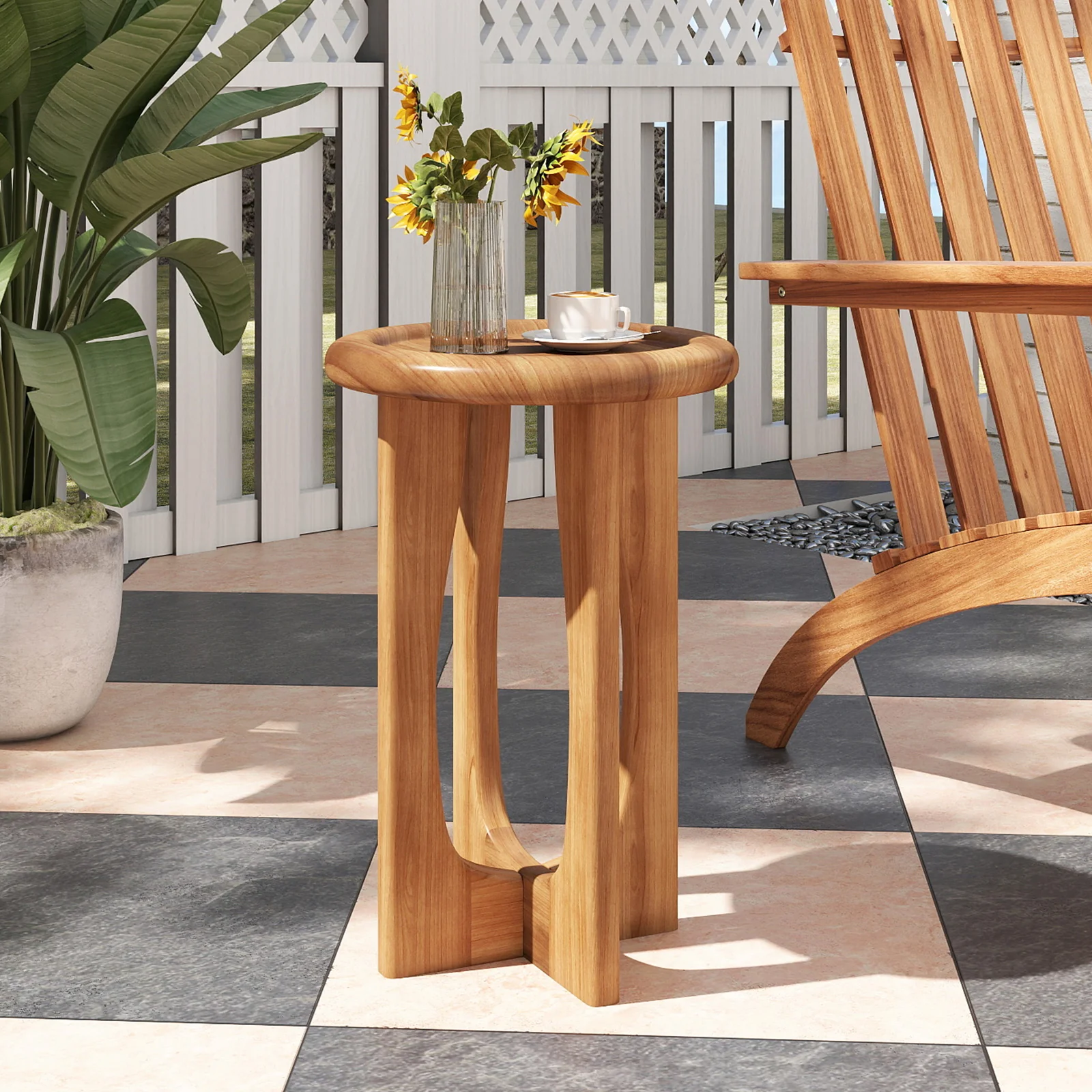14 Inch Farmhouse End Table with Round Tray Top and Wood Cross Legs, Natural - Image 3