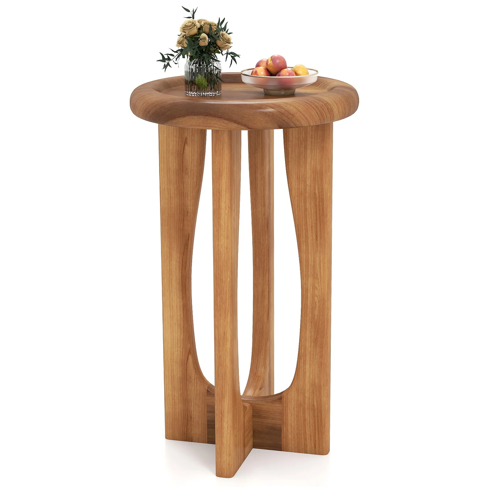 14 Inch Farmhouse End Table with Round Tray Top and Wood Cross Legs, Natural - Image 5