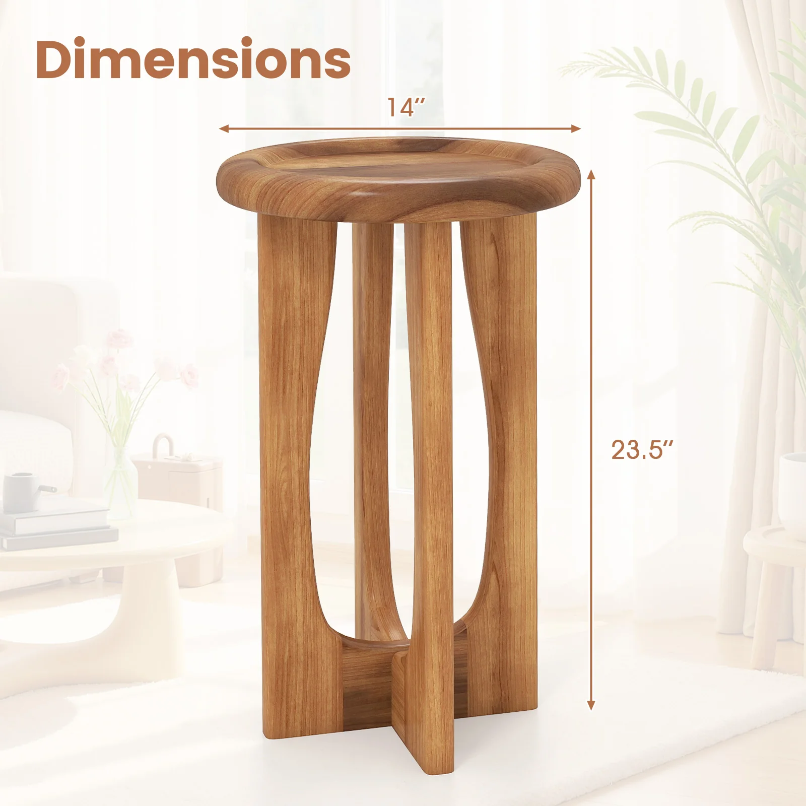 14 Inch Farmhouse End Table with Round Tray Top and Wood Cross Legs, Natural - Image 6