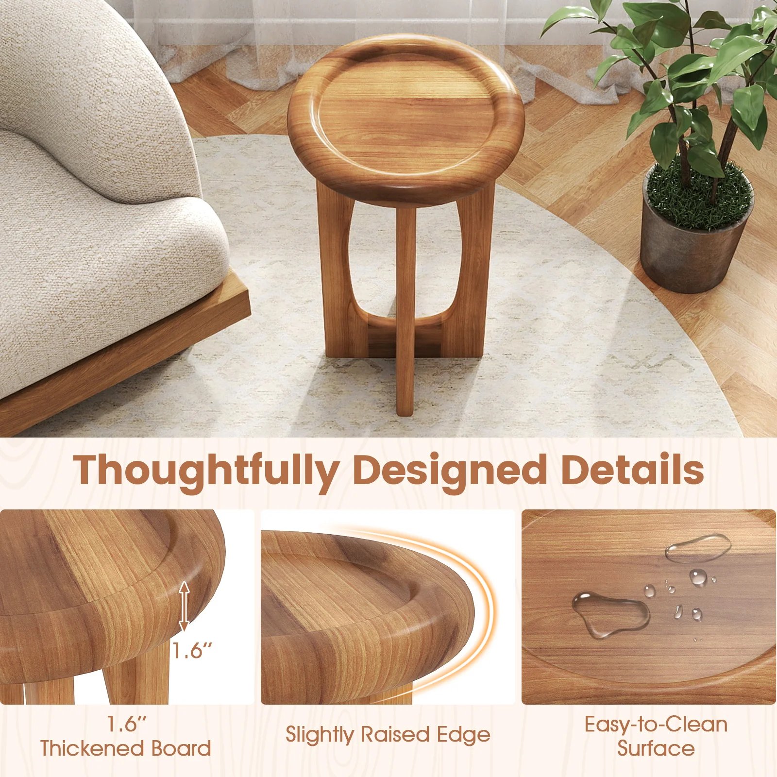 14 Inch Farmhouse End Table with Round Tray Top and Wood Cross Legs, Natural - Image 8