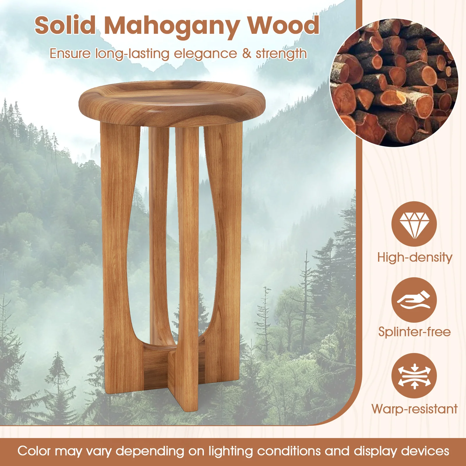 14 Inch Farmhouse End Table with Round Tray Top and Wood Cross Legs, Natural - Image 9