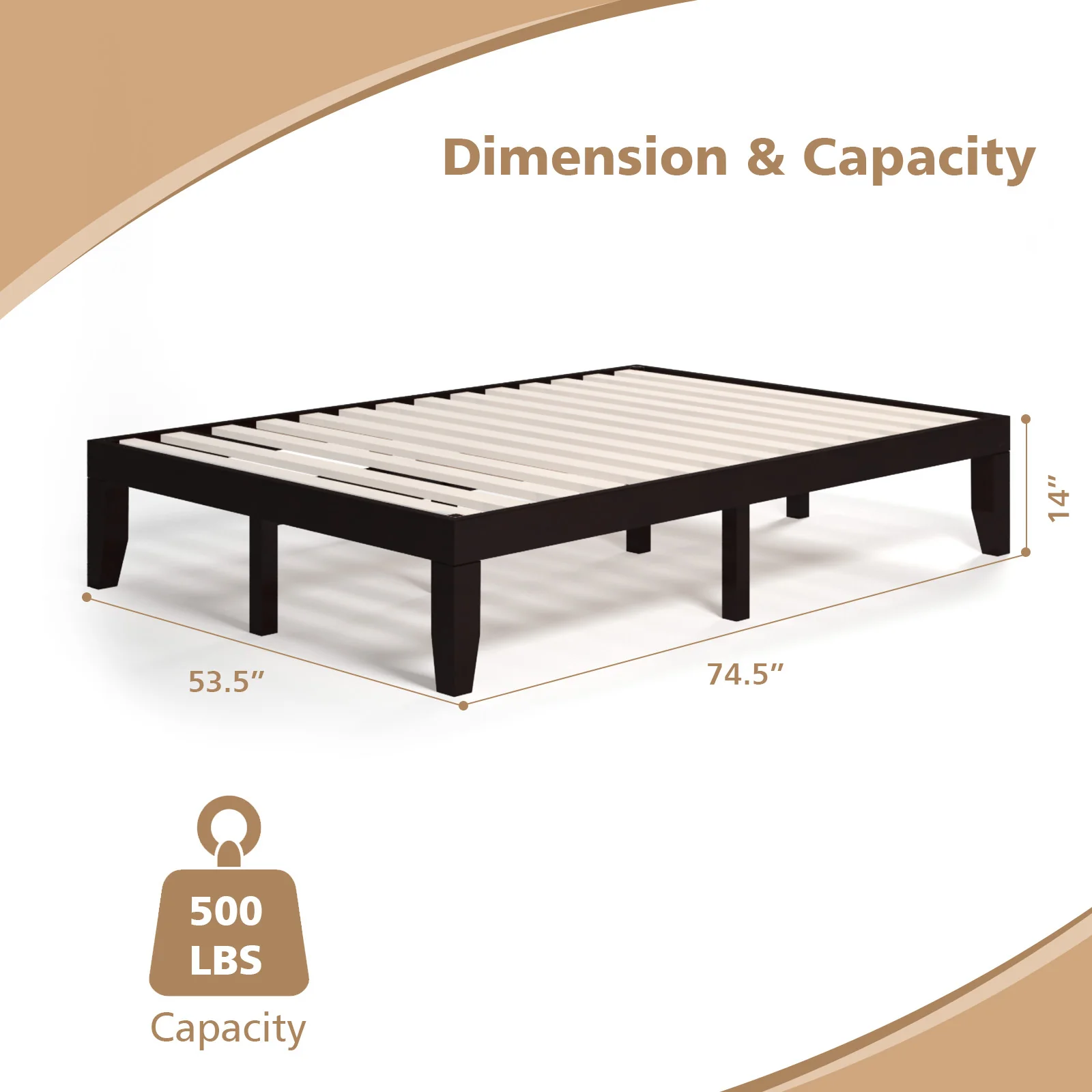 14 Inch Full Size Wood Platform Bed Frame, Brown - Image 5