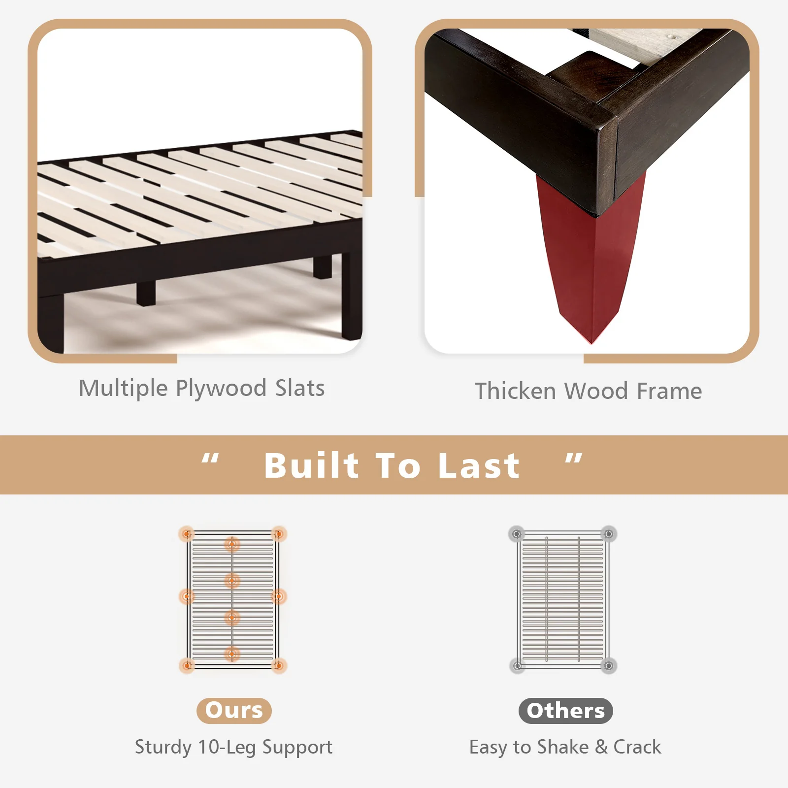 14 Inch Full Size Wood Platform Bed Frame, Brown - Image 6