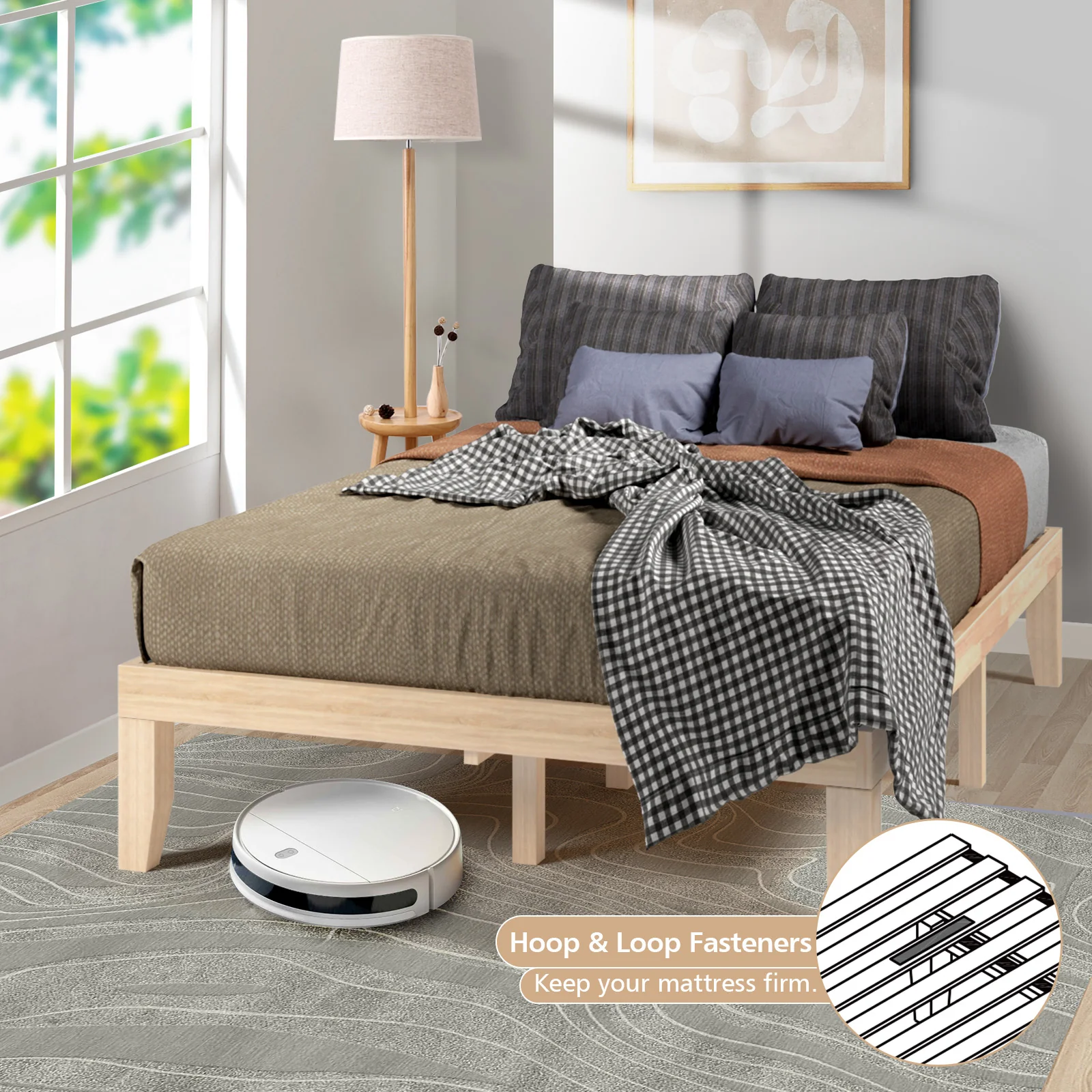 14 Inch Full Size Wood Platform Bed Frame, Wood Slat Support, Natural - Image 2