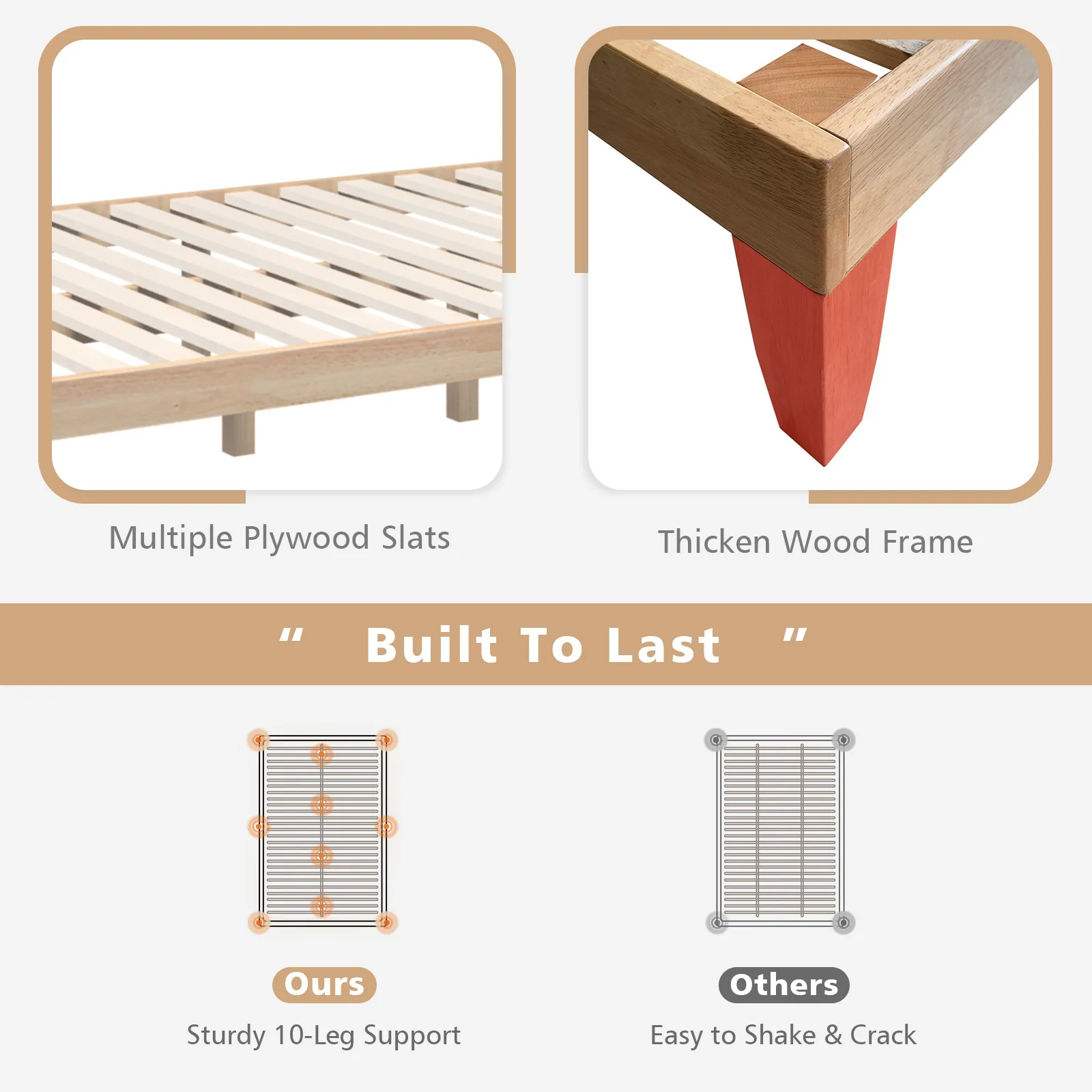 14 Inch Full Size Wood Platform Bed Frame, Wood Slat Support, Natural - Image 6