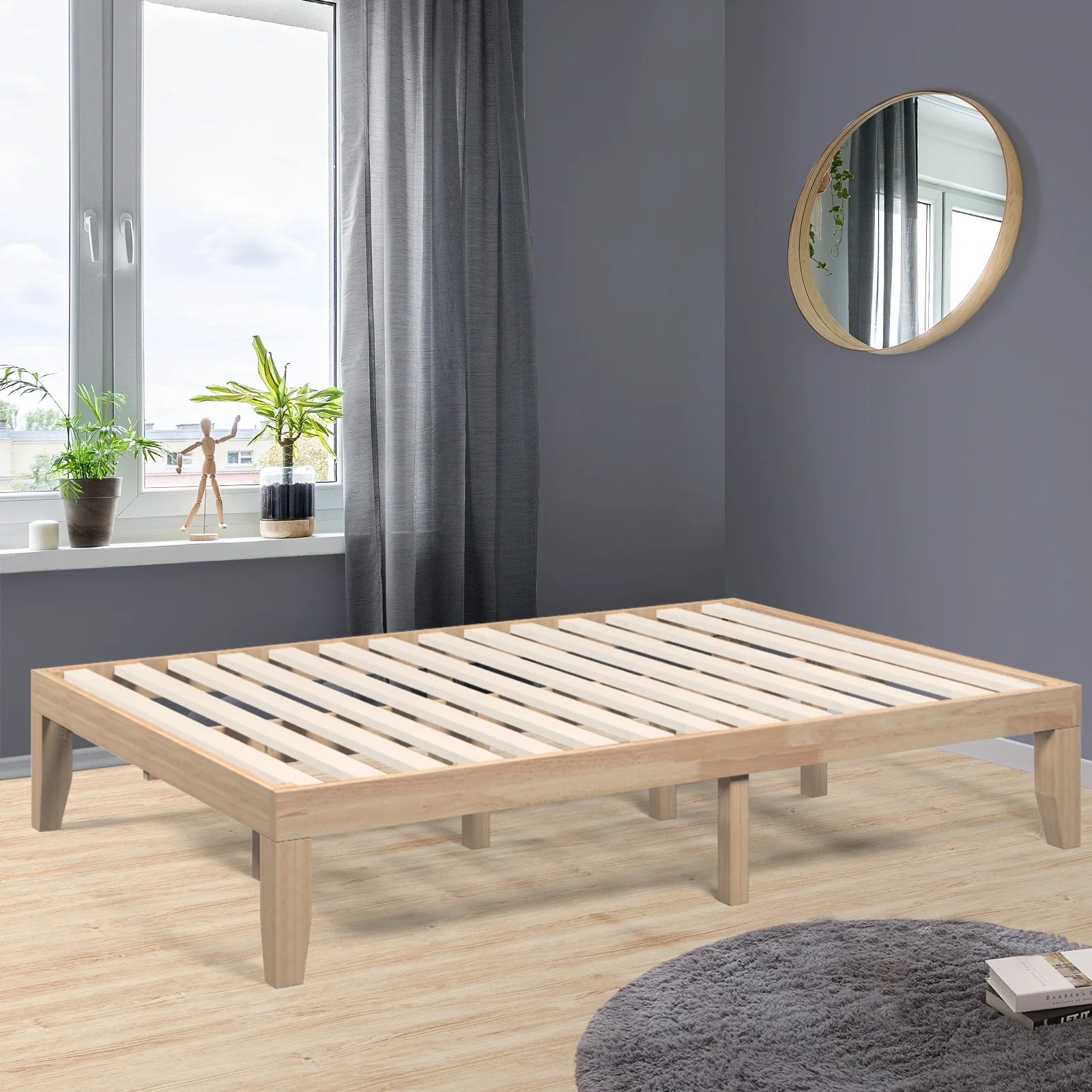 14 Inch Full Size Wood Platform Bed Frame, Wood Slat Support, Natural - Image 7