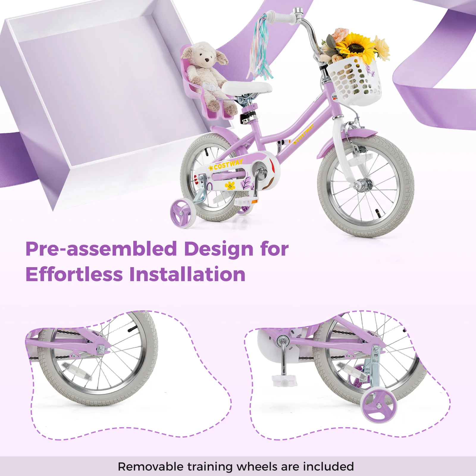 14 Inch Girls Bike, Doll Seat, Streamers, Kids 3-5 Years, Purple - Image 10