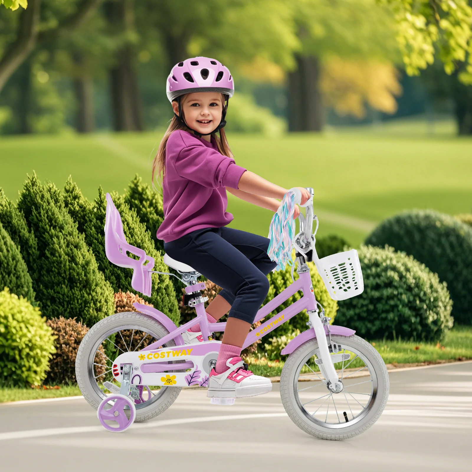 14 Inch Girls Bike, Doll Seat, Streamers, Kids 3-5 Years, Purple - Image 3