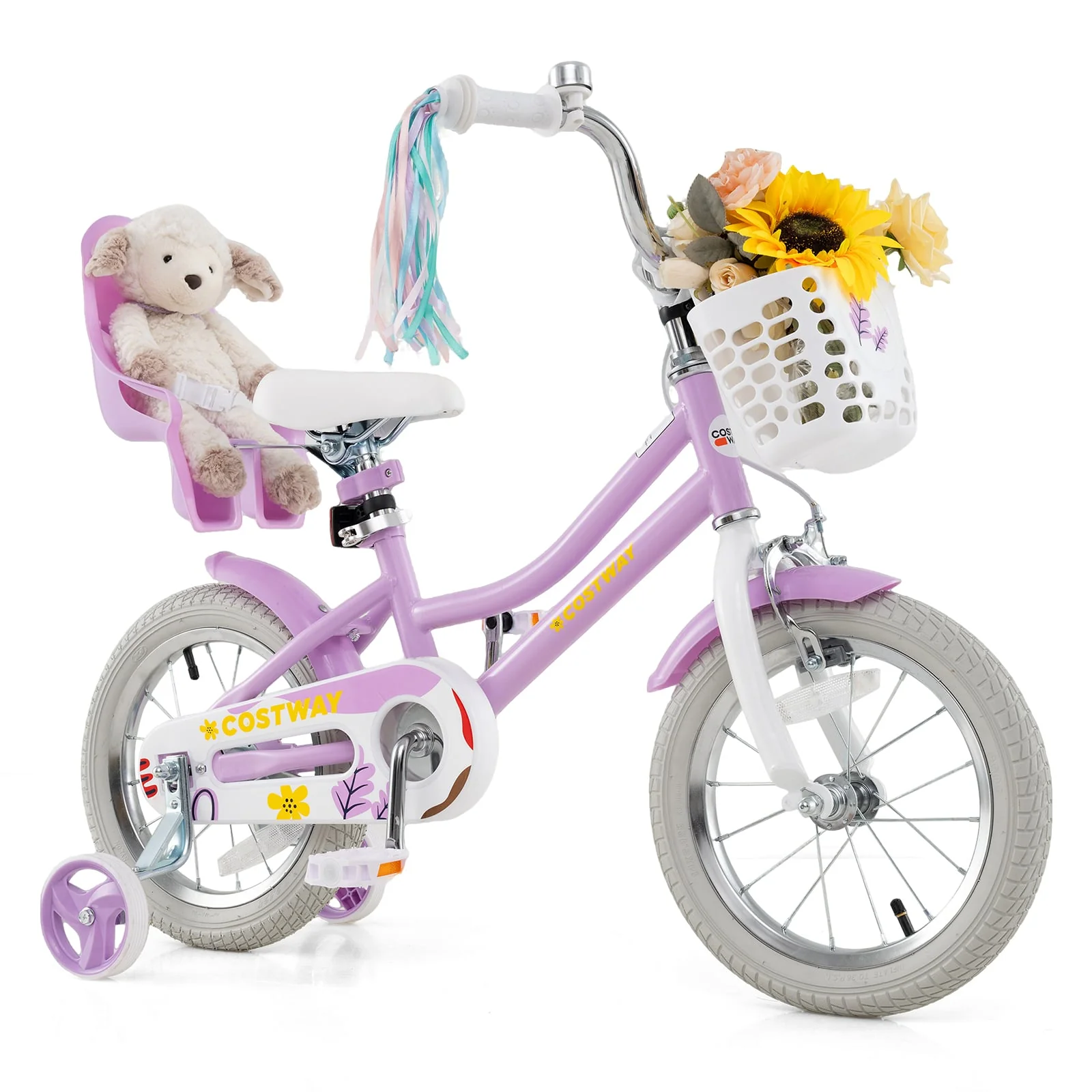 14 Inch Girls Bike, Doll Seat, Streamers, Kids 3-5 Years, Purple - Image 4