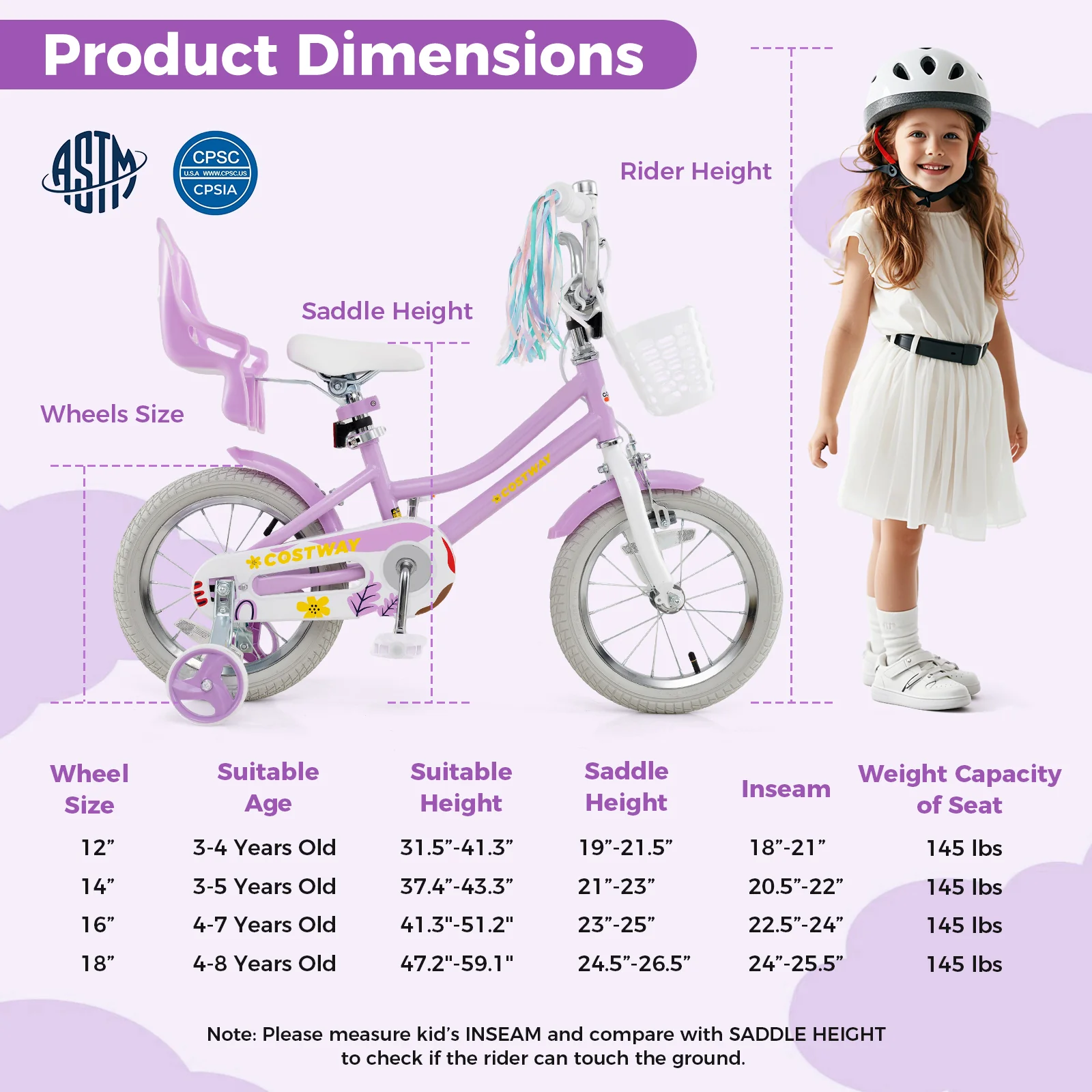 14 Inch Girls Bike, Doll Seat, Streamers, Kids 3-5 Years, Purple - Image 5