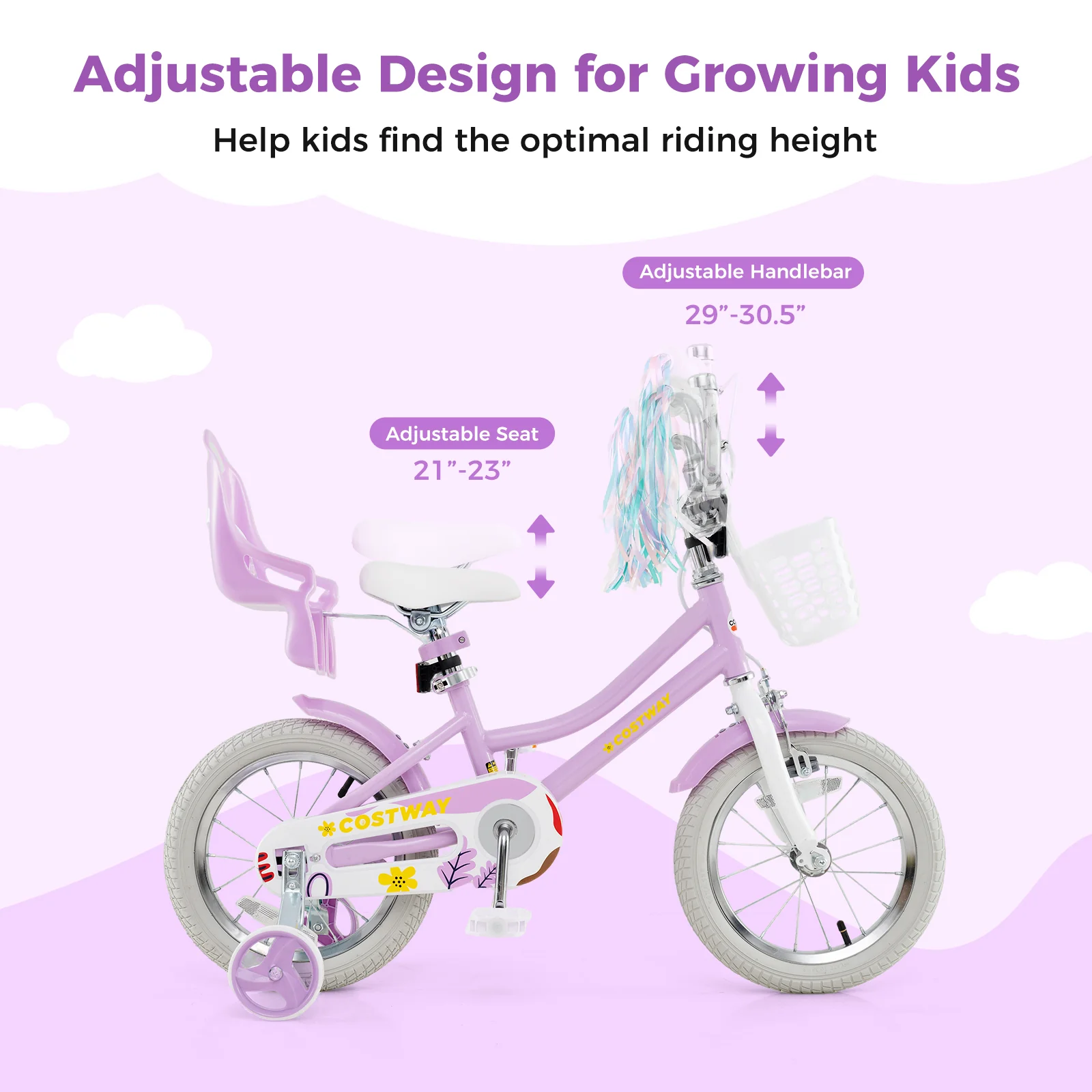 14 Inch Girls Bike, Doll Seat, Streamers, Kids 3-5 Years, Purple - Image 6