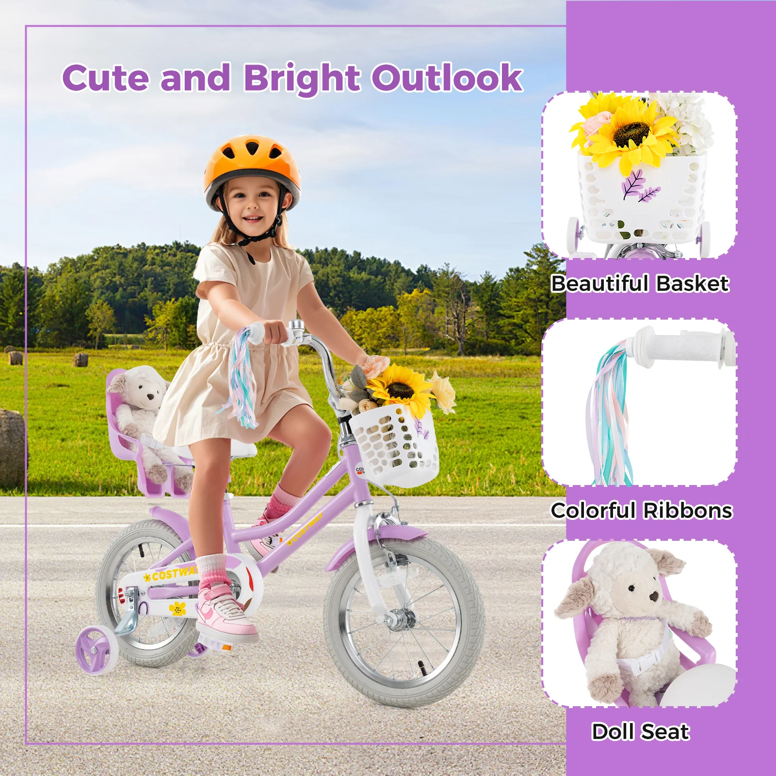 14 Inch Girls Bike, Doll Seat, Streamers, Kids 3-5 Years, Purple - Image 7