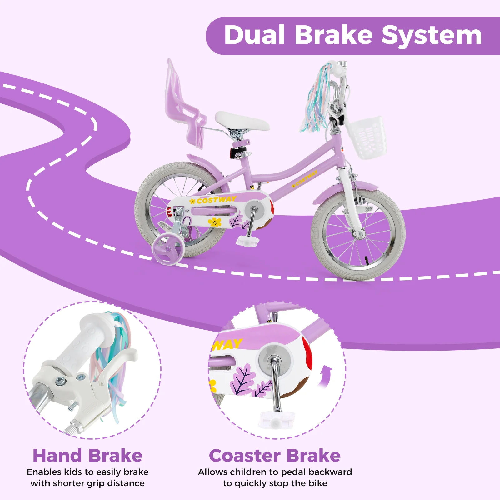 14 Inch Girls Bike, Doll Seat, Streamers, Kids 3-5 Years, Purple - Image 9