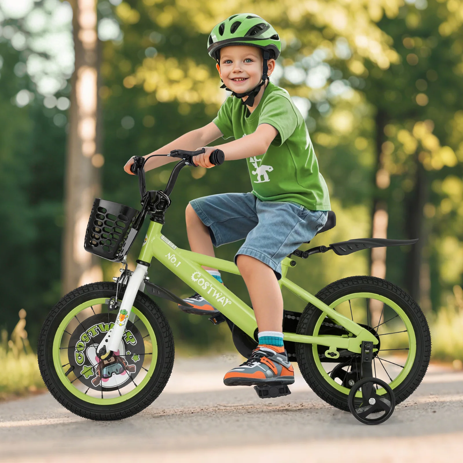14 Inch Kids Bike, Adjustable, Detachable Training Wheels, 3-5 Years, Green - Image 2