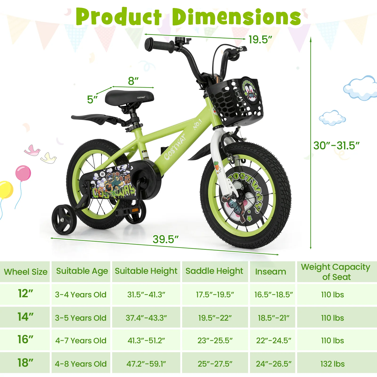 14 Inch Kids Bike, Adjustable, Detachable Training Wheels, 3-5 Years, Green - Image 5
