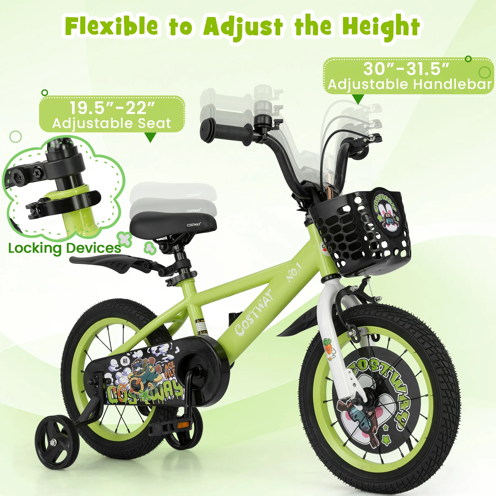 14 Inch Kids Bike, Adjustable, Detachable Training Wheels, 3-5 Years, Green - Image 6