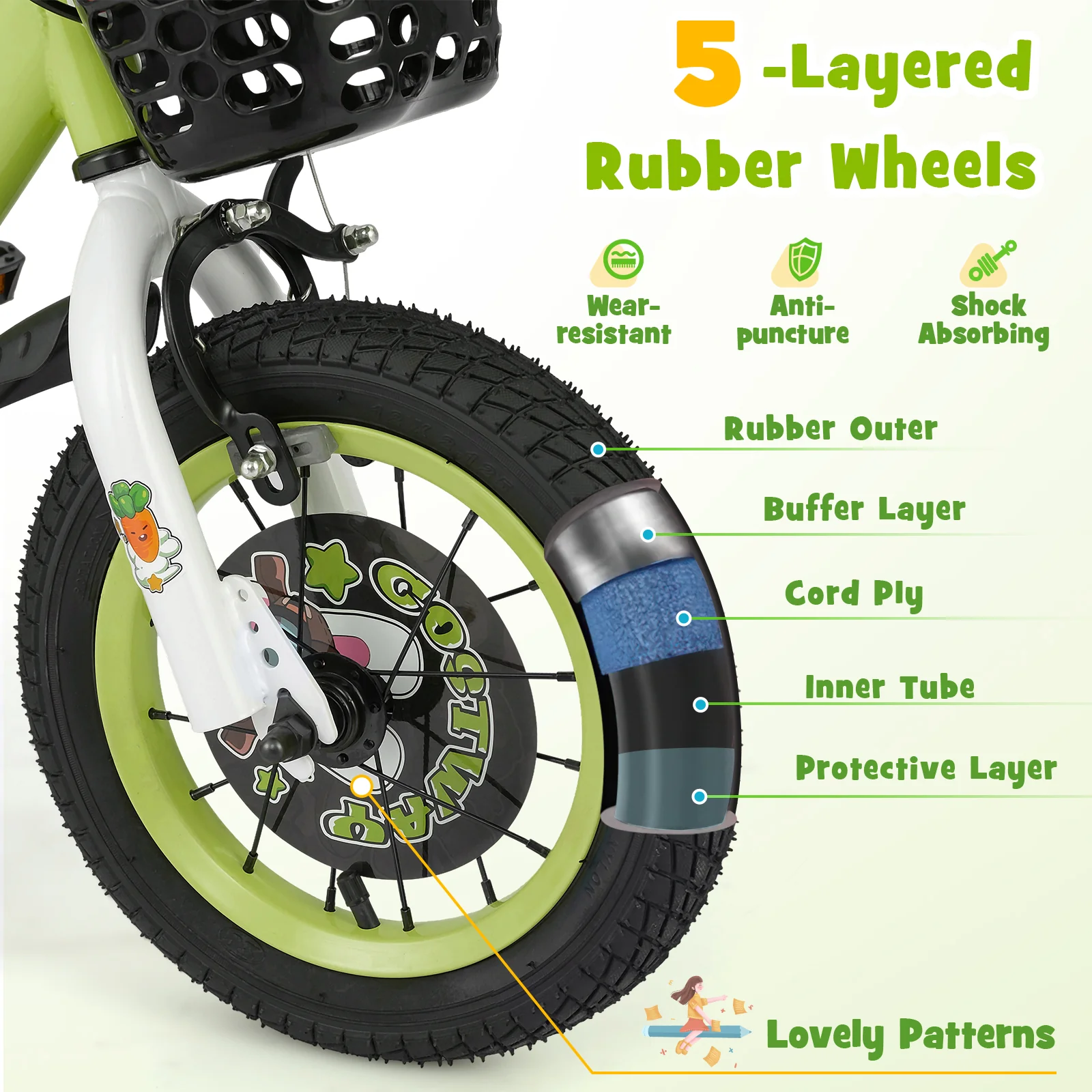 14 Inch Kids Bike, Adjustable, Detachable Training Wheels, 3-5 Years, Green - Image 8