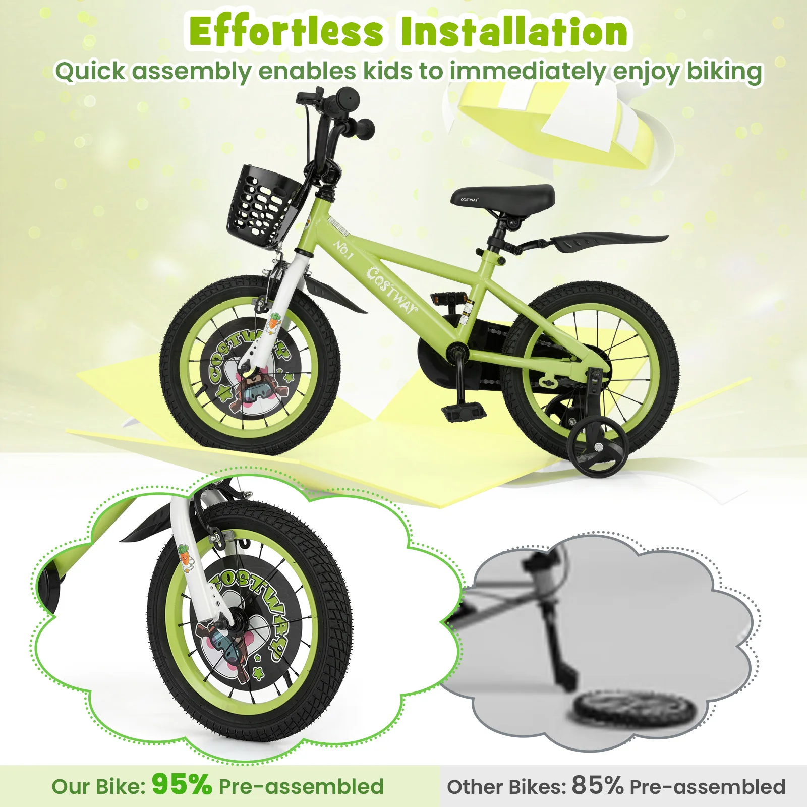 14 Inch Kids Bike, Adjustable, Detachable Training Wheels, 3-5 Years, Green - Image 9