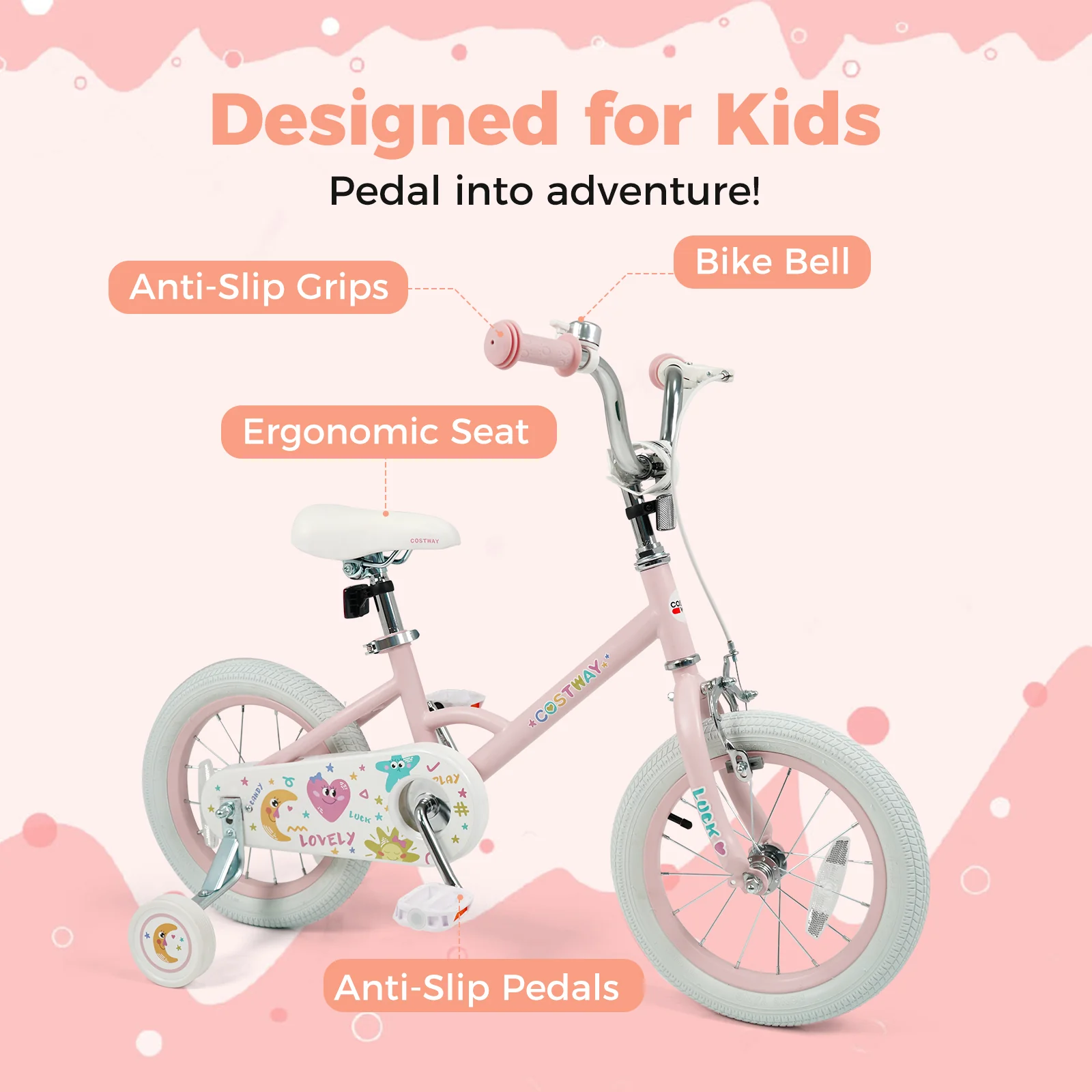 14 Inch Kids Bike Adjustable for 3-8 Years Old Children Pink - Stars & Moon, Pink - Image 6